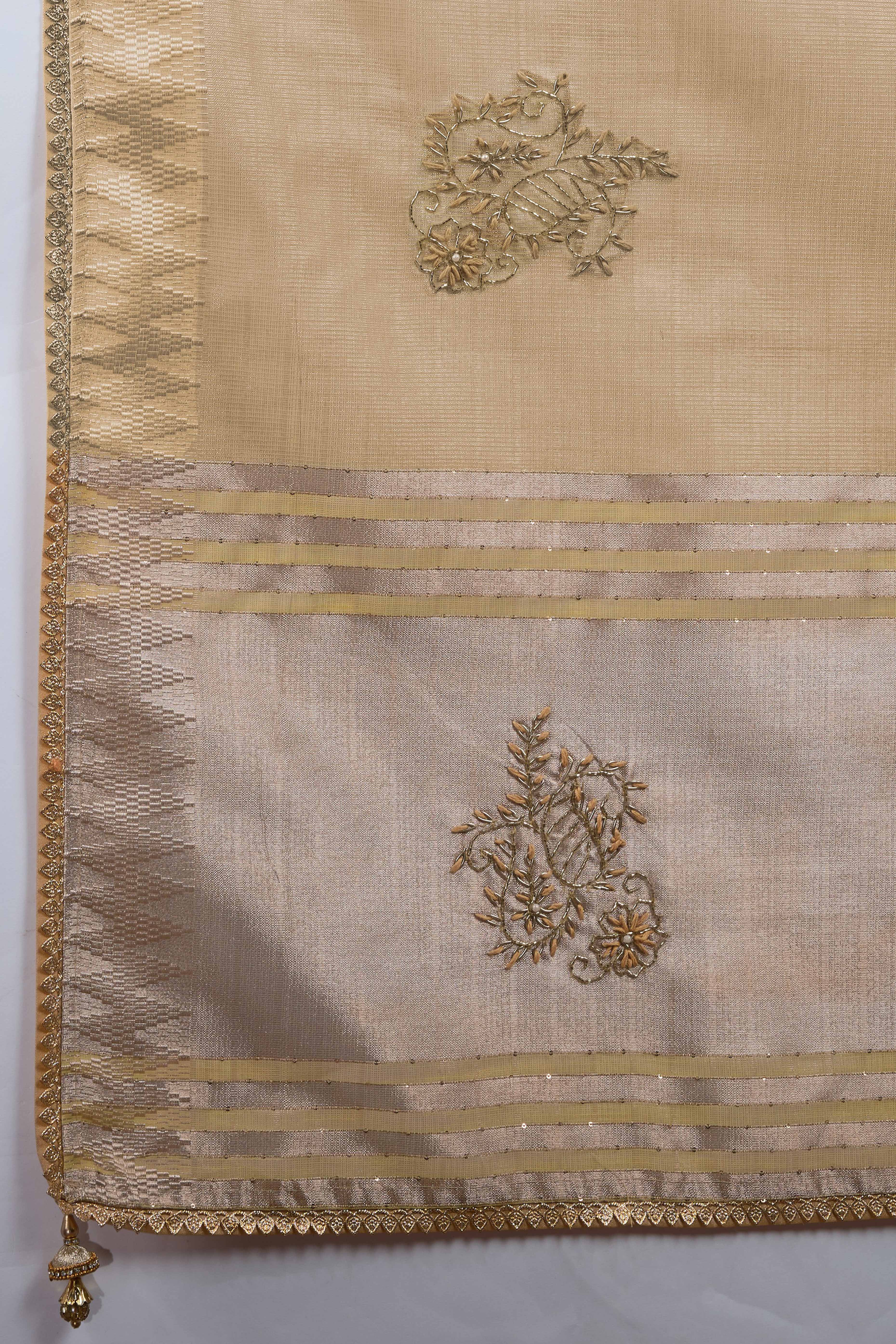 Beige Linen Tissue Saree with Hand Beads Embellishment