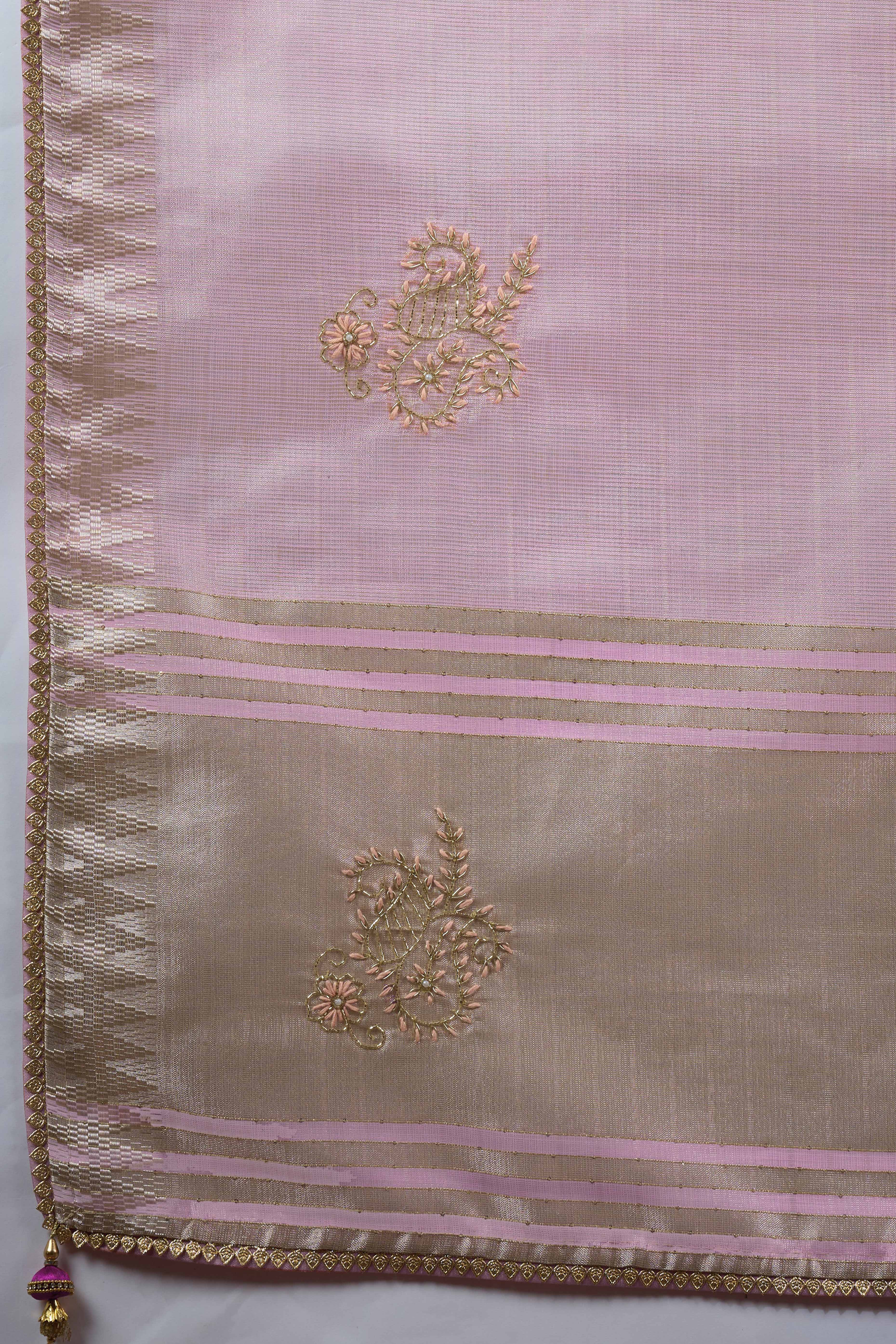 Mauve Linen Tissue Saree with Hand Beads Embellishment