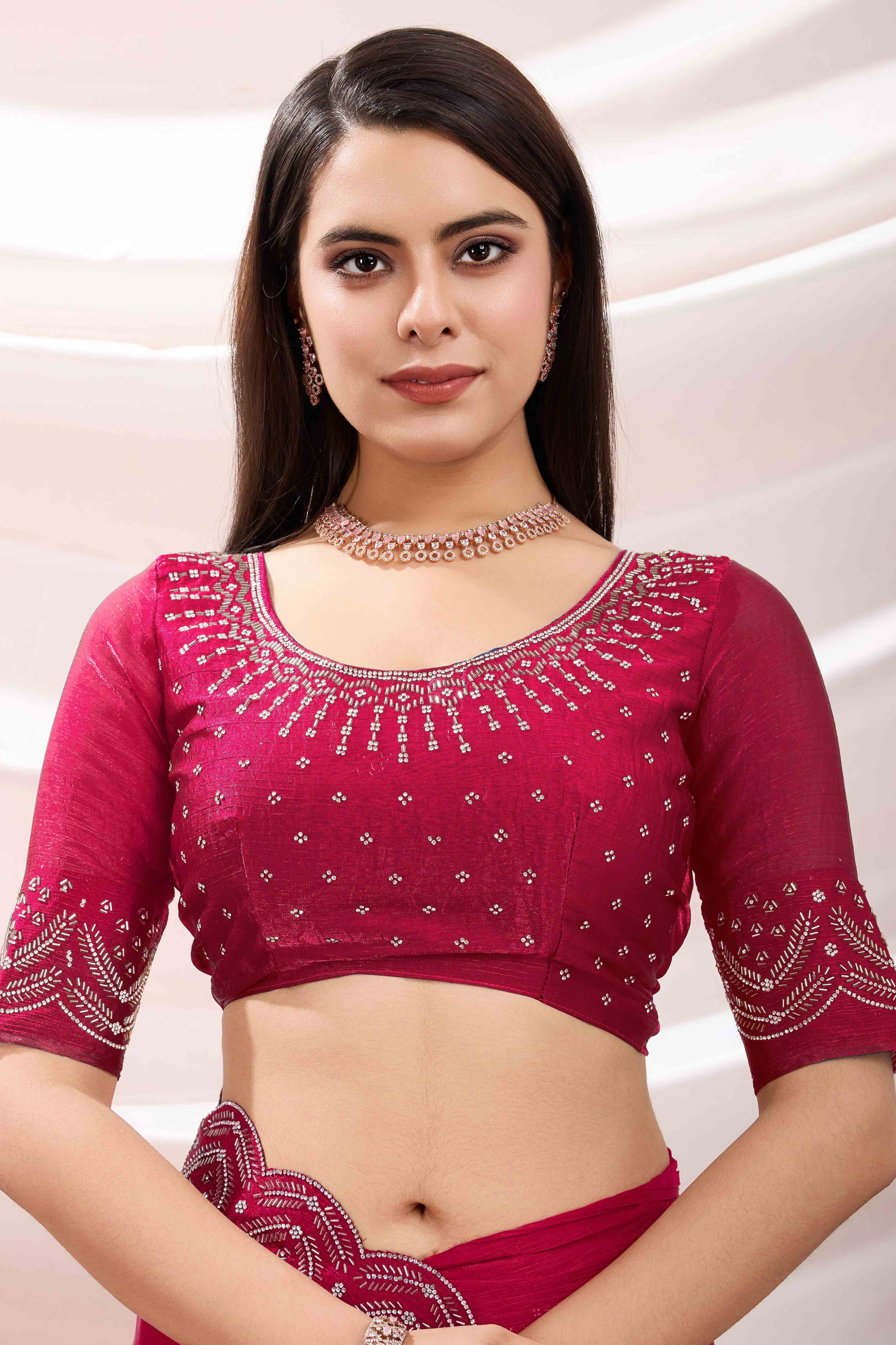 Pink Stone Work Embroidered Velvet Chiffon Saree