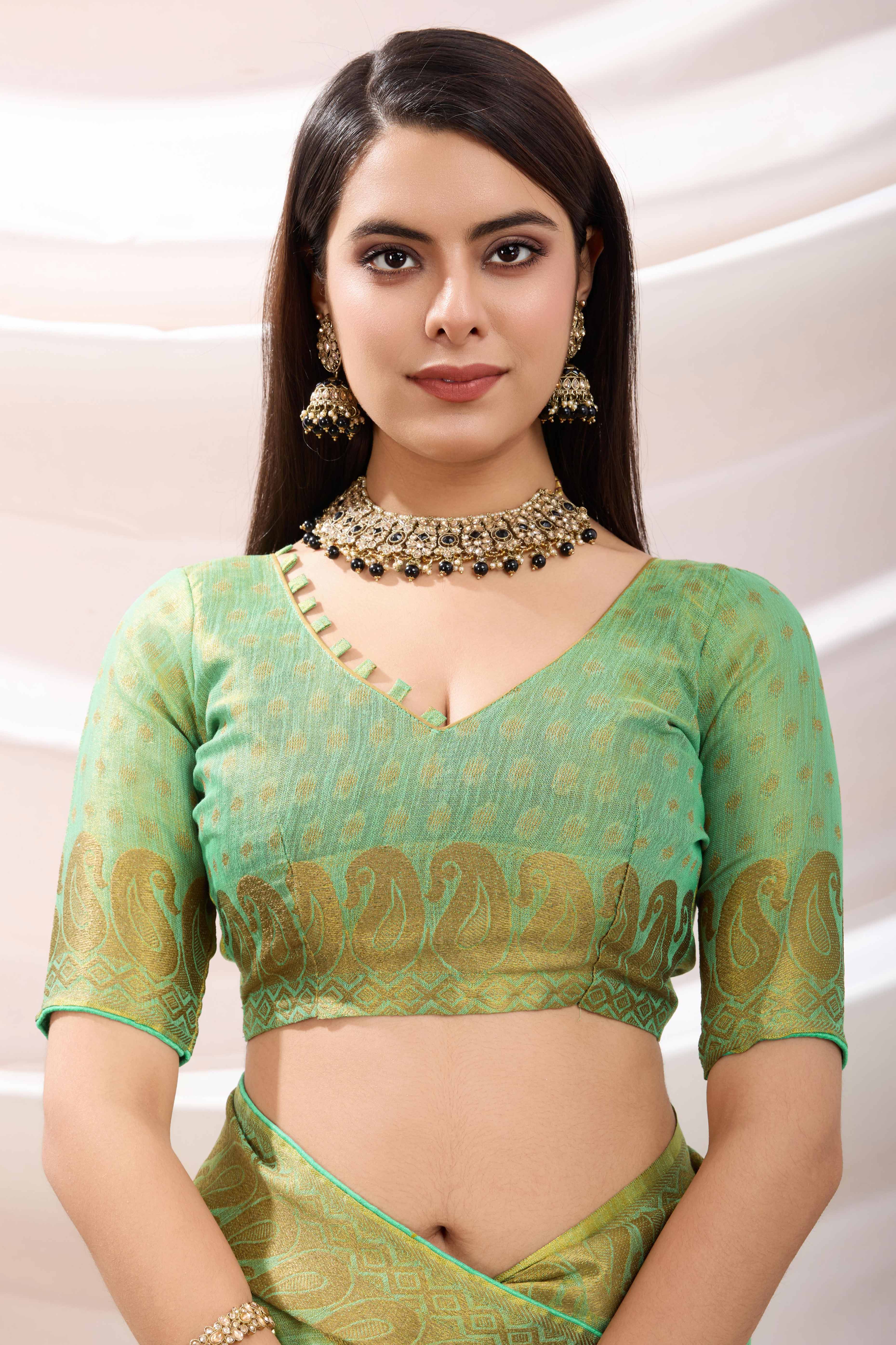 Sea Green Festive Linen Tissue Saree with Zari Borders