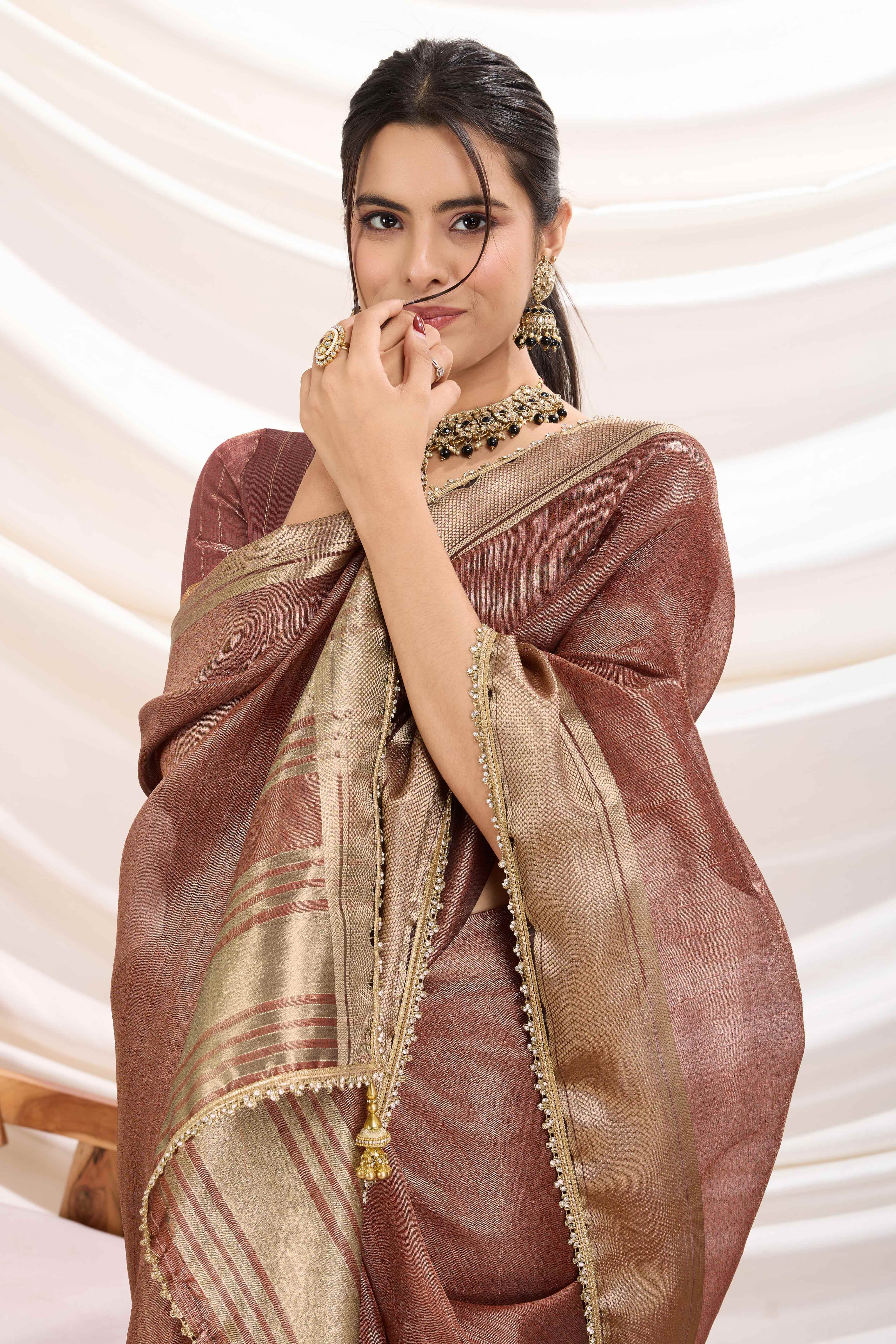 Brown Solid Linen Tissue Saree With Weaving & Zarkan Lace Border