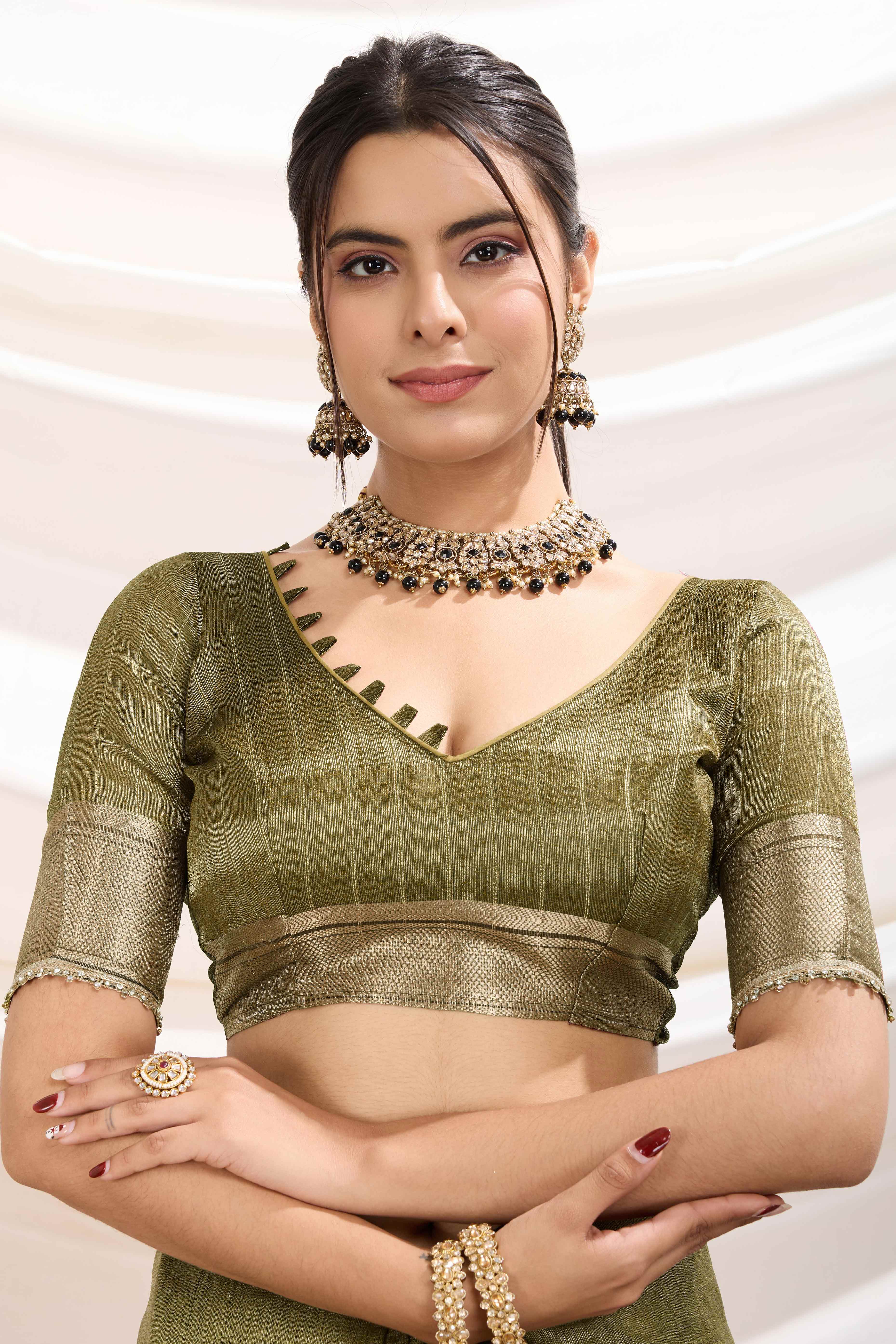 Mehendi Green Solid Linen Tissue Saree With Weaving & Zarkan Lace Border