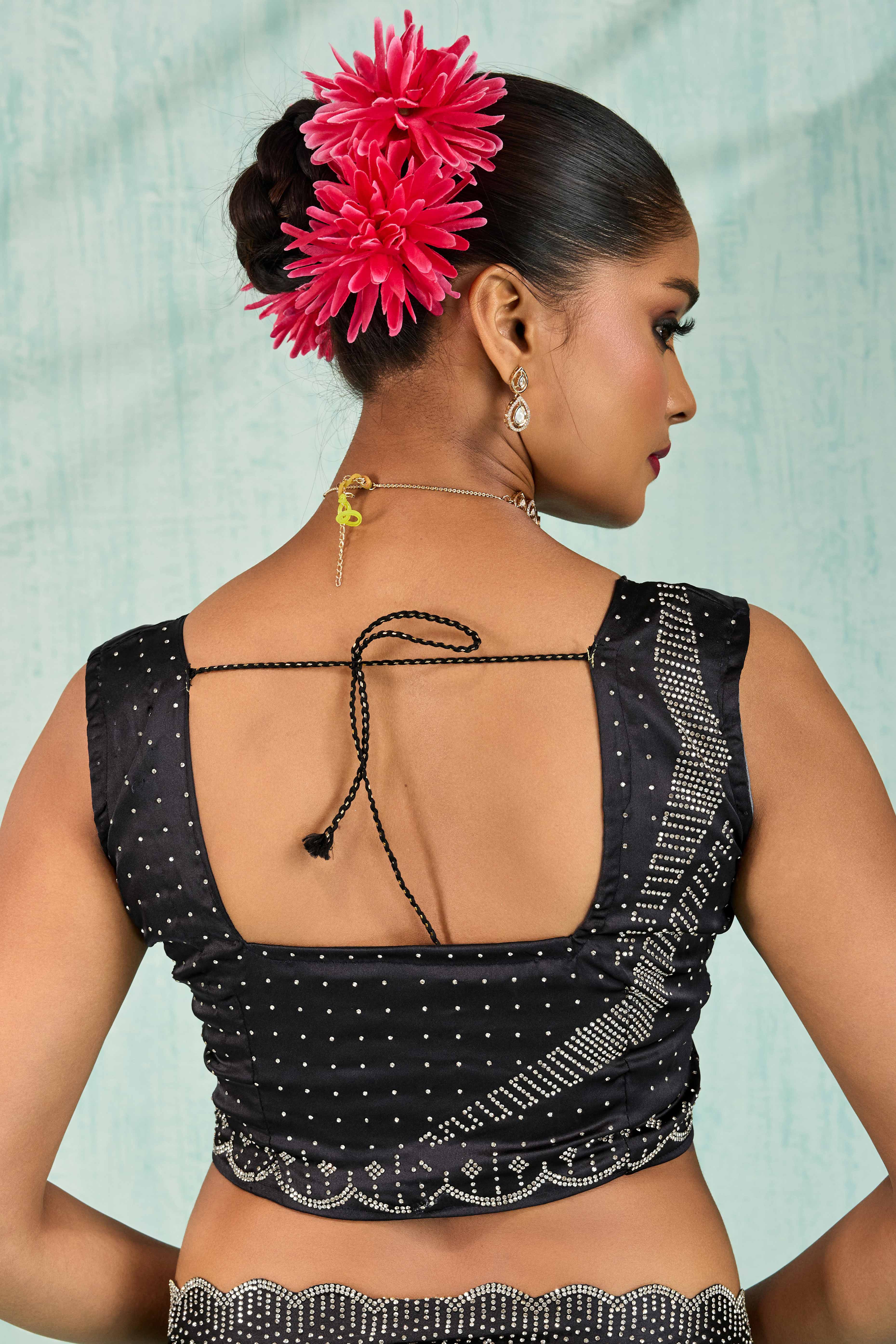 Black & Grey Satin Ombre Saree Adorned With Rhinestone Crystal Handwork & Elegant Scalloped Border