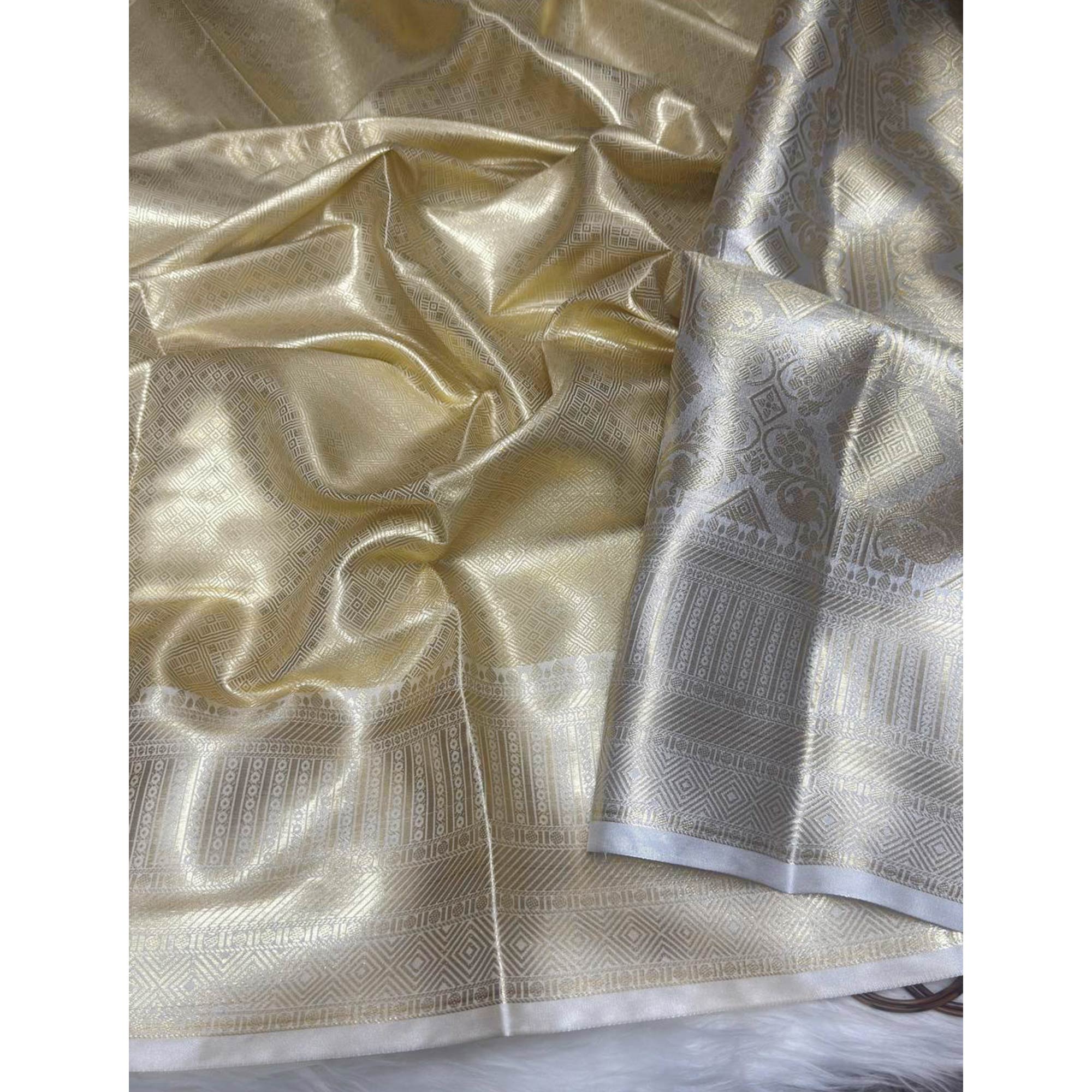 Handloom Banarasi Golden Tissue Silk Saree Adorned with Intricate Traditional Patterns