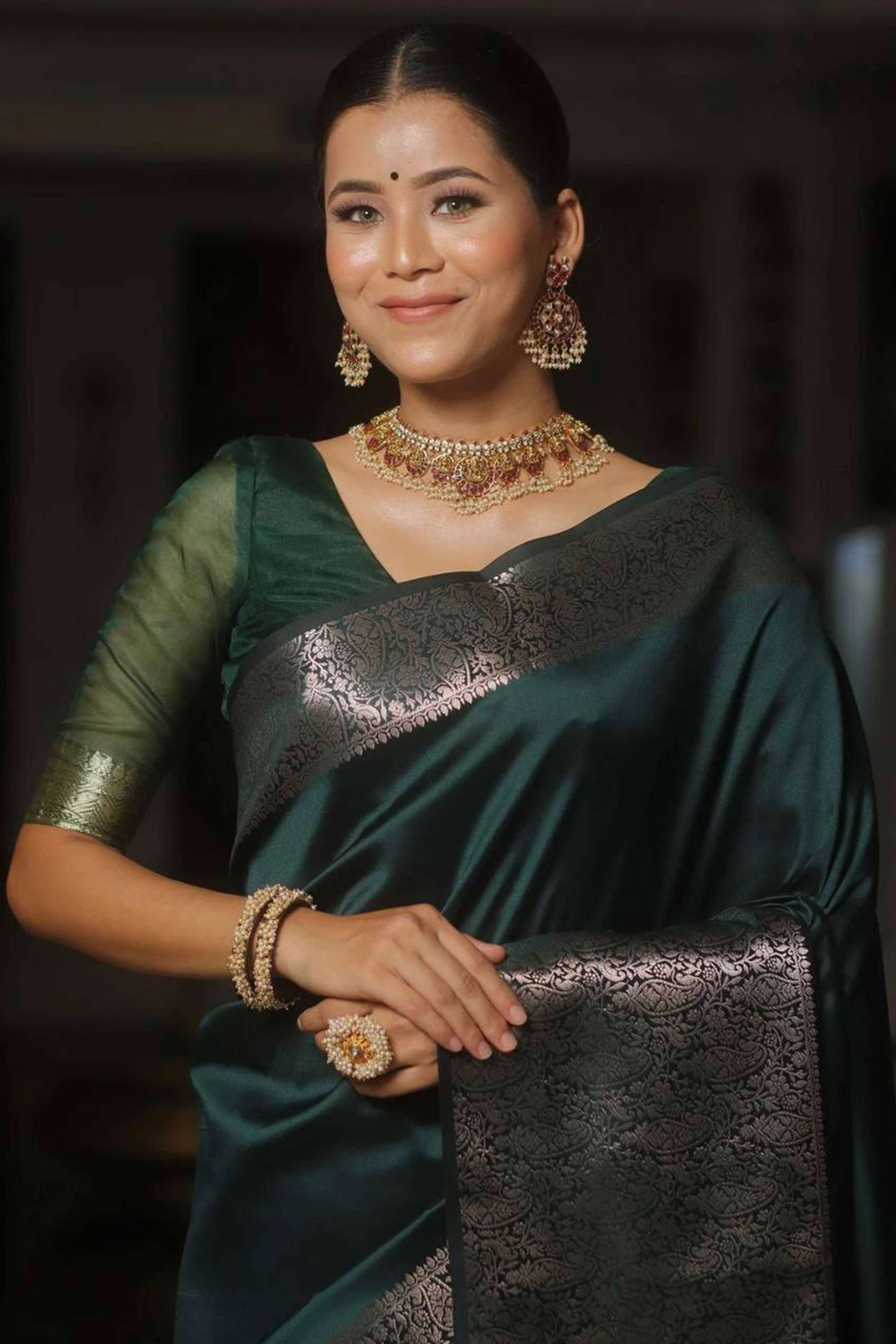 Green Floral Woven Border Lichi Banarasi Silk Saree