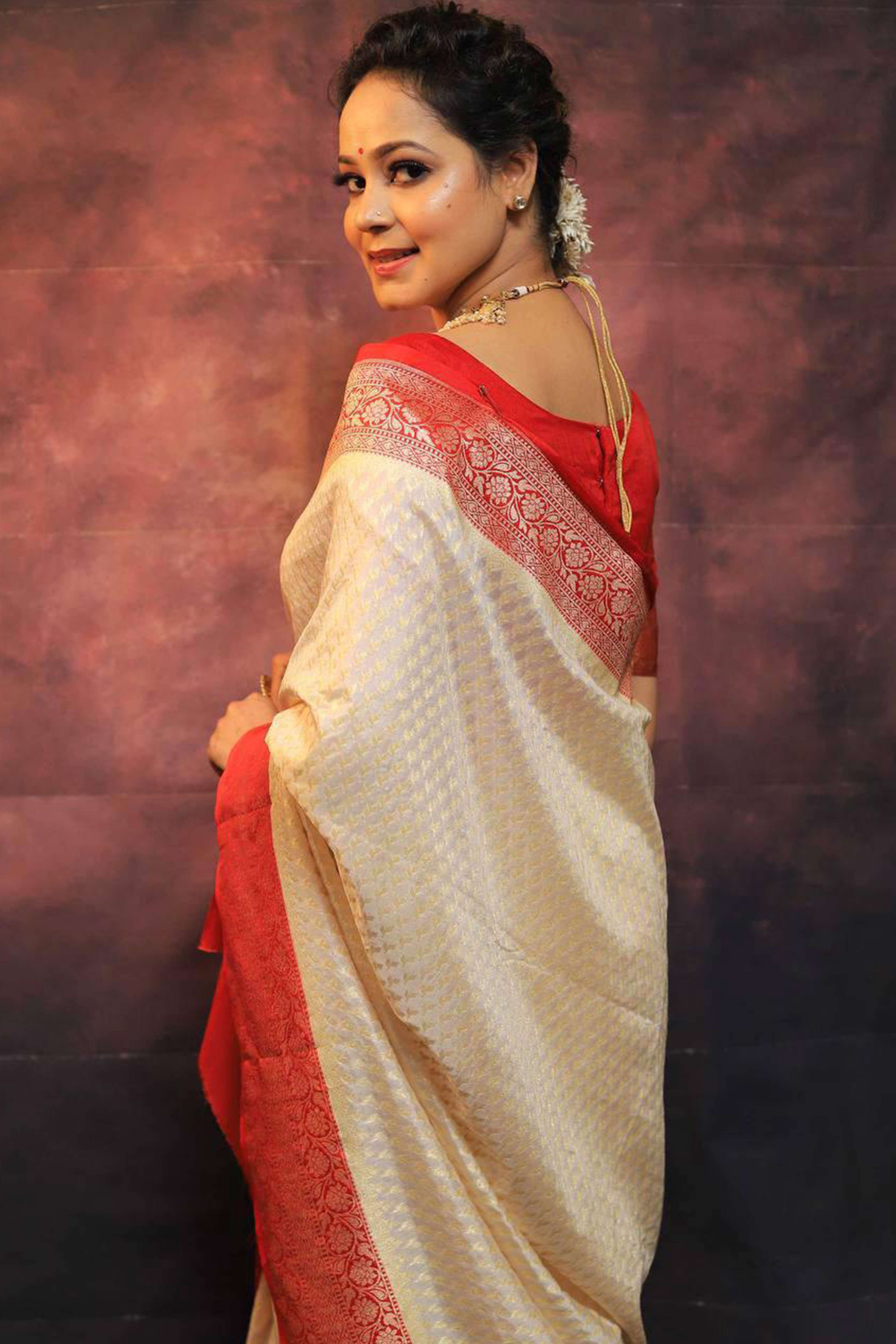 Cream & Red Woven Lichi Banarasi Silk Saree