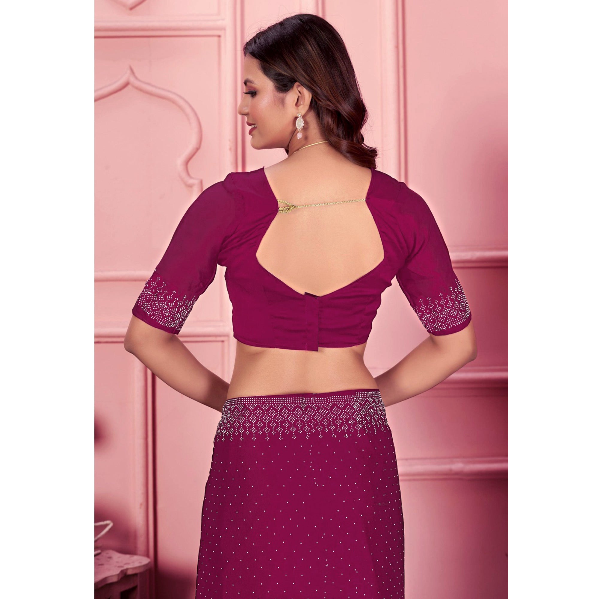 Rani Pink Swarovski Work Satin Saree