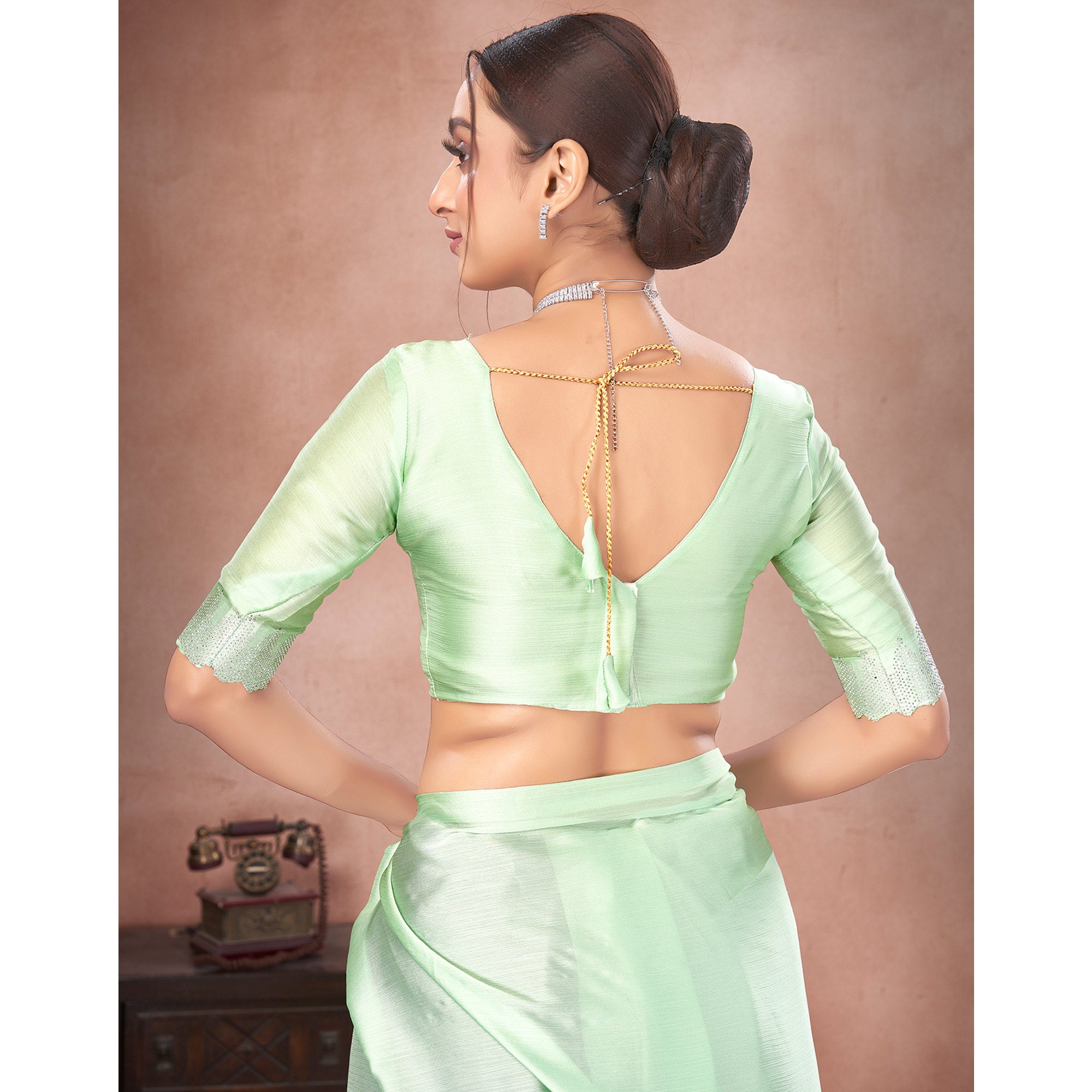 Pista Green Swarovski Work Satin Saree
