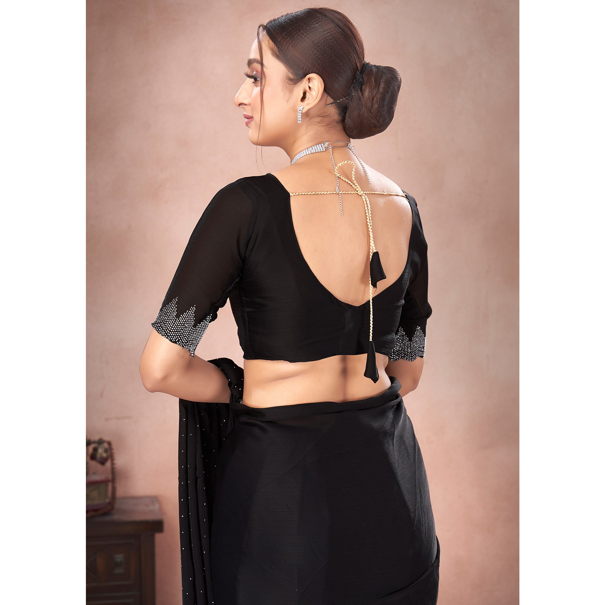 Black Swarovski Work Satin Saree