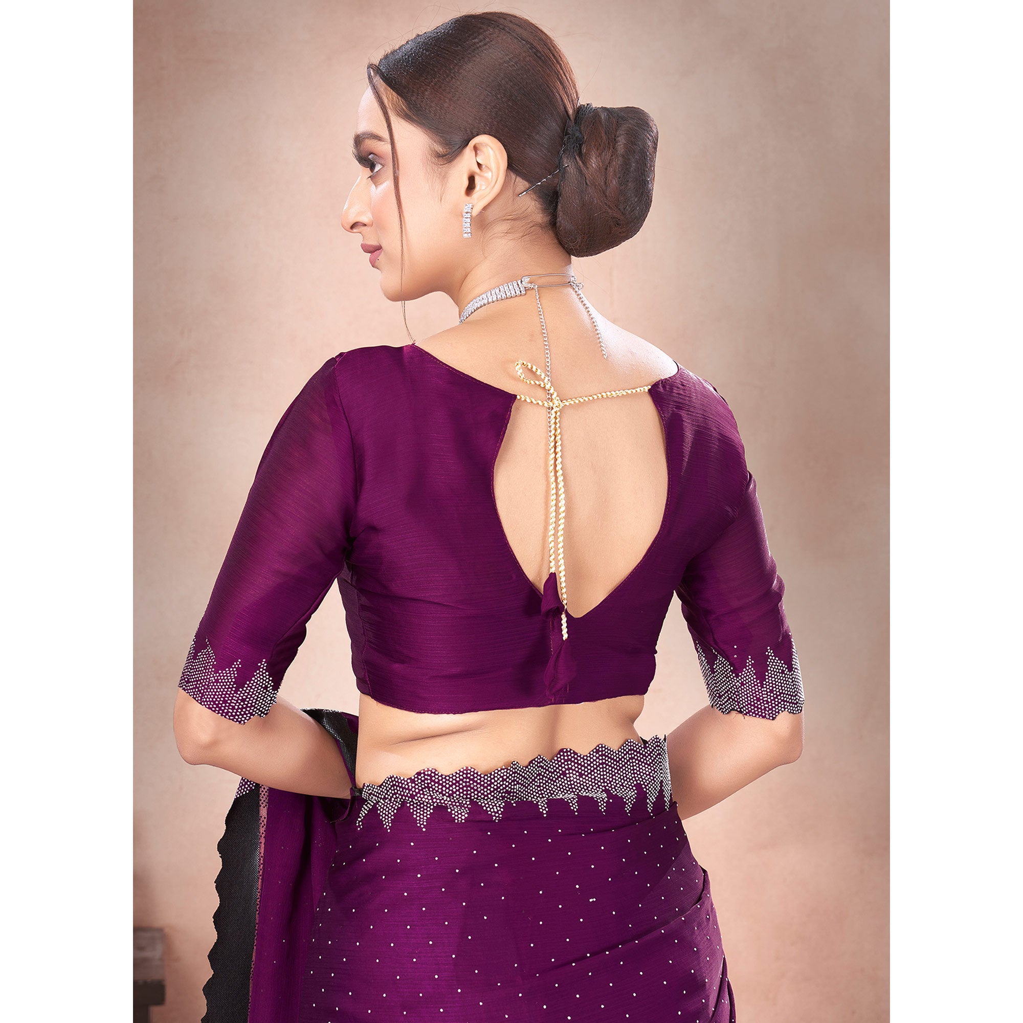 Wine Swarovski Work Satin Saree