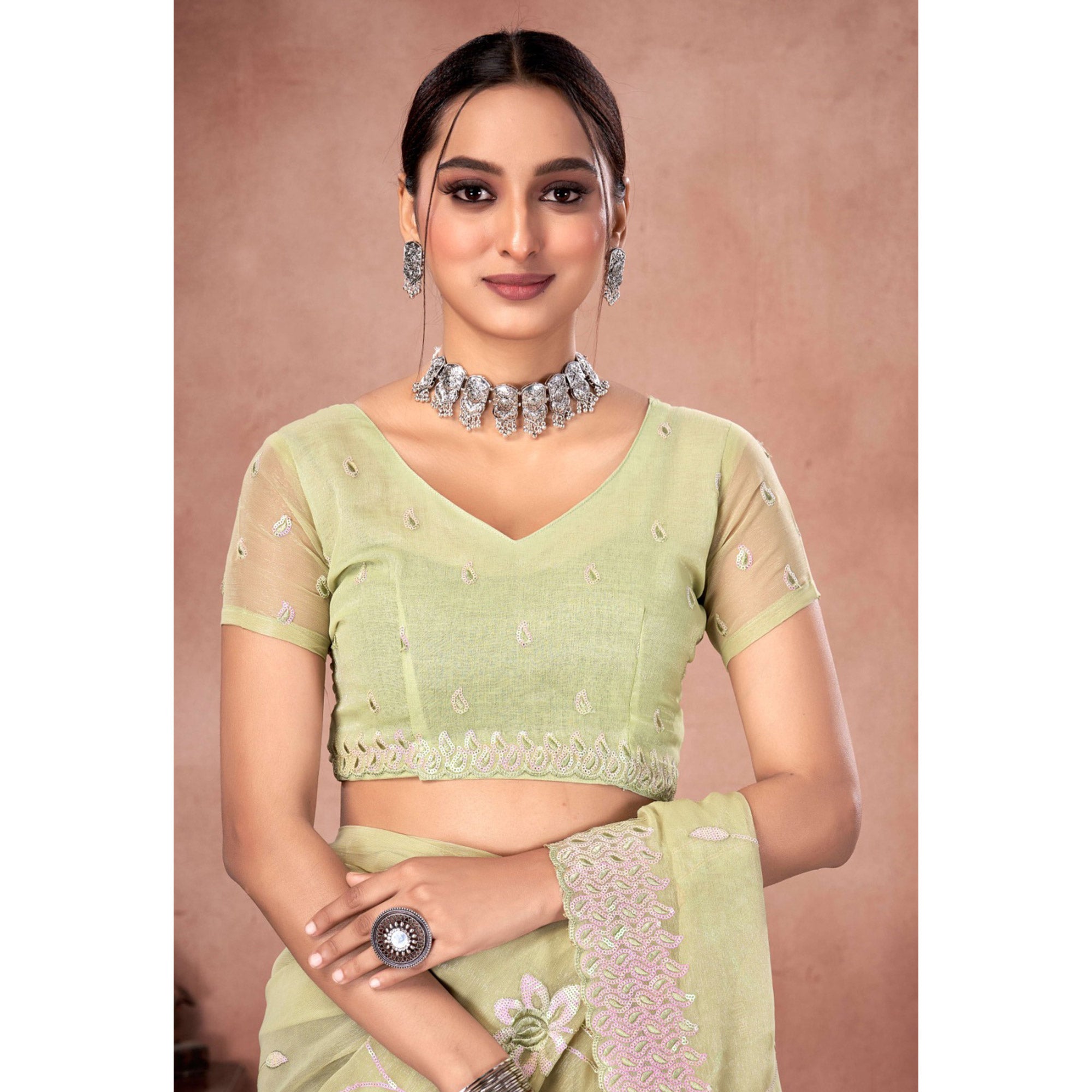 Pista Green Floral Sequins Embroidered Chiffon Saree