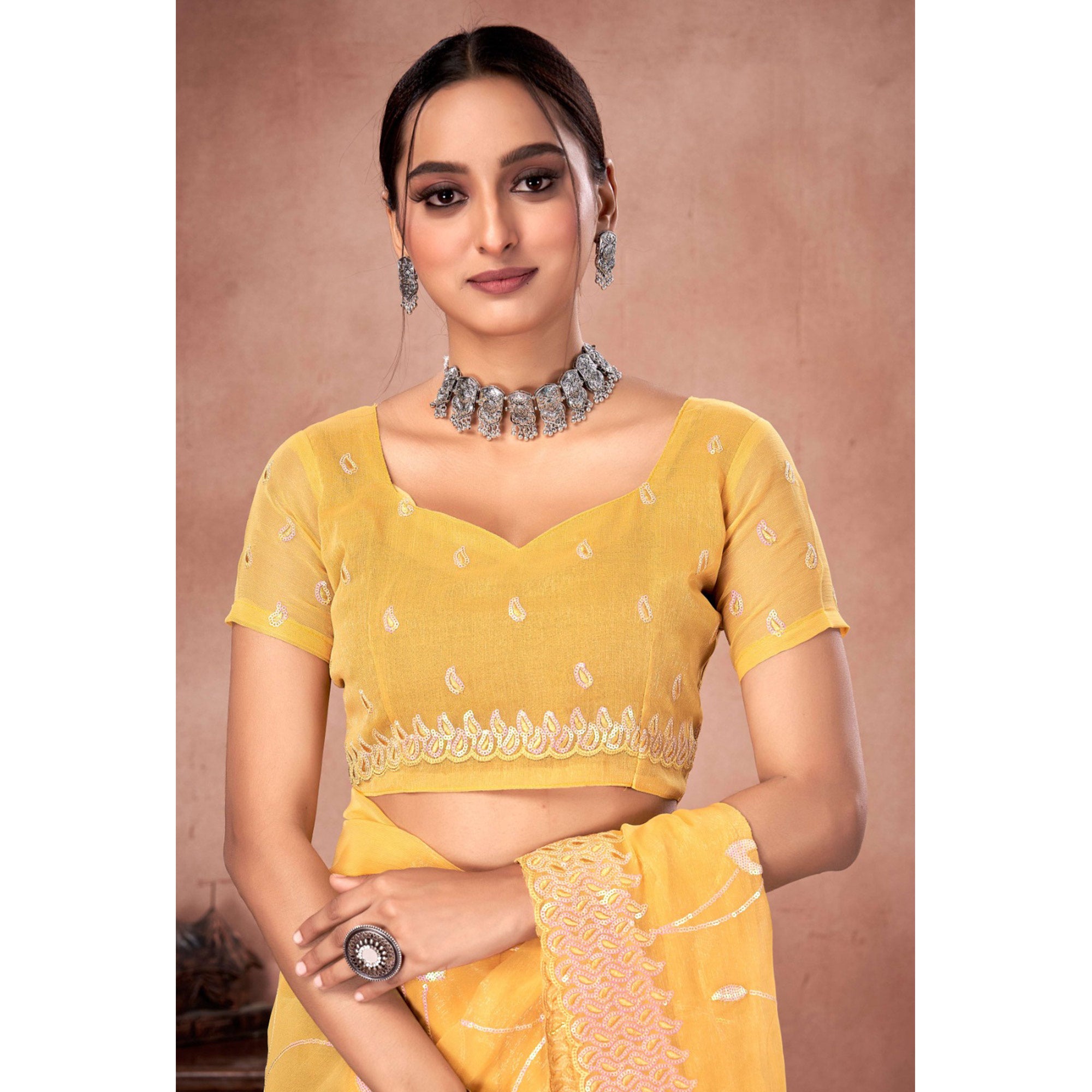 Yellow Floral Sequins Embroidered Chiffon Saree