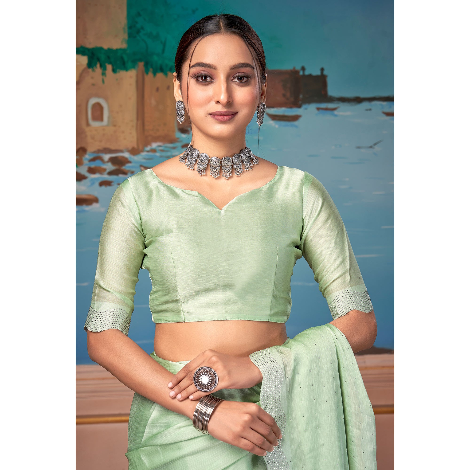 Pista Green Swarovski Work Satin Saree