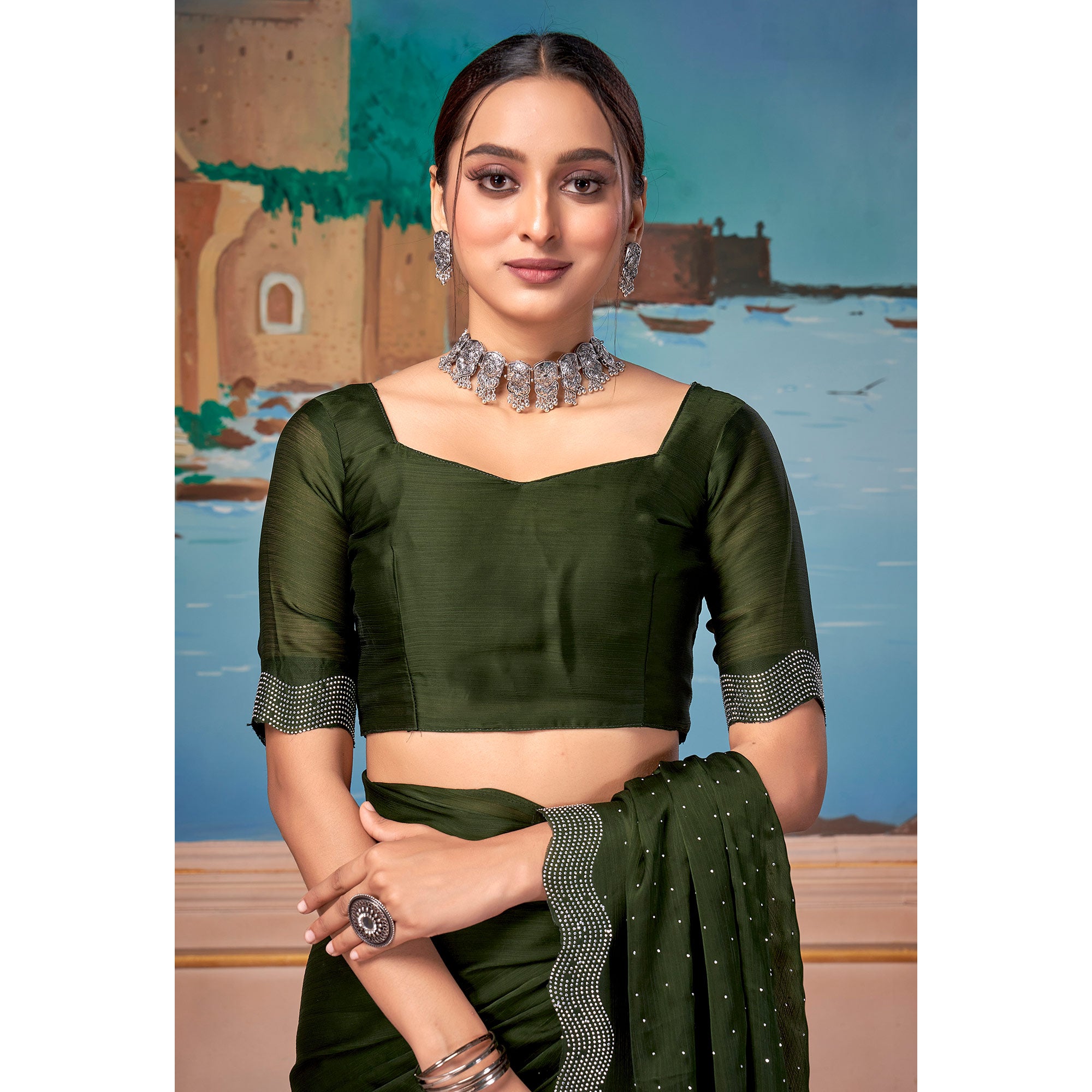 Green Swarovski Work Satin Saree