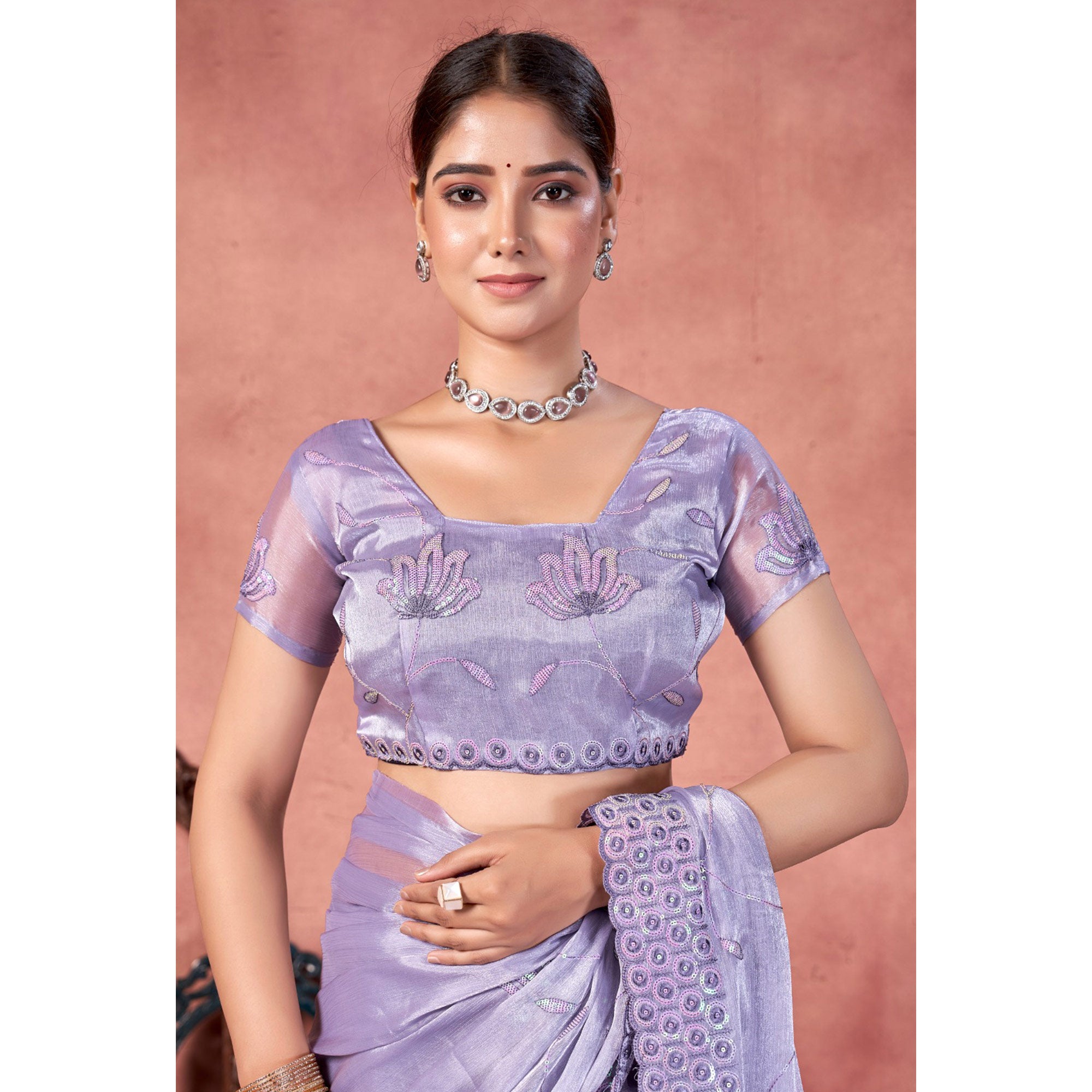 Lavender Floral Sequins Embroidered chiffon Saree