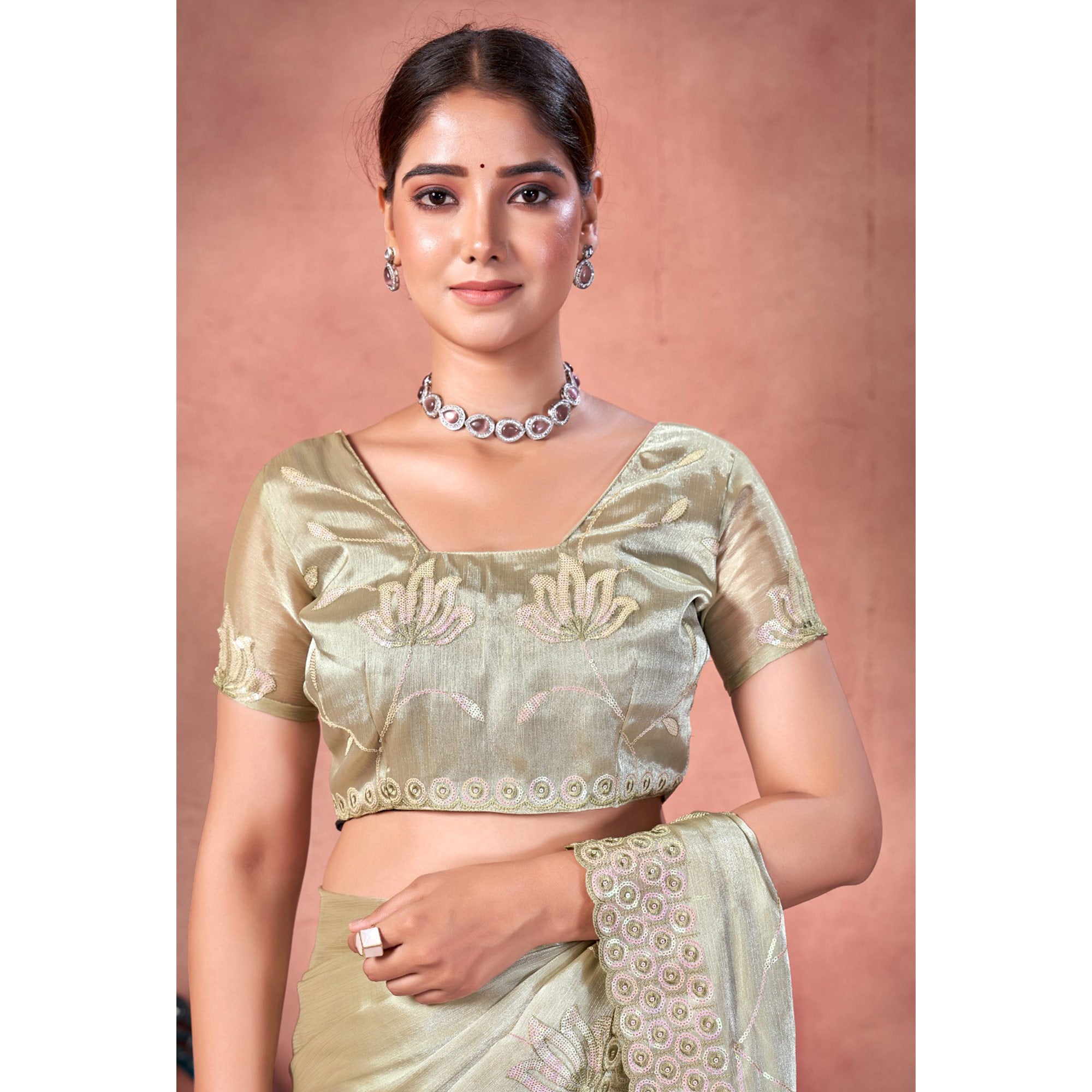 Pista Green Floral Sequins Embroidered chiffon Saree