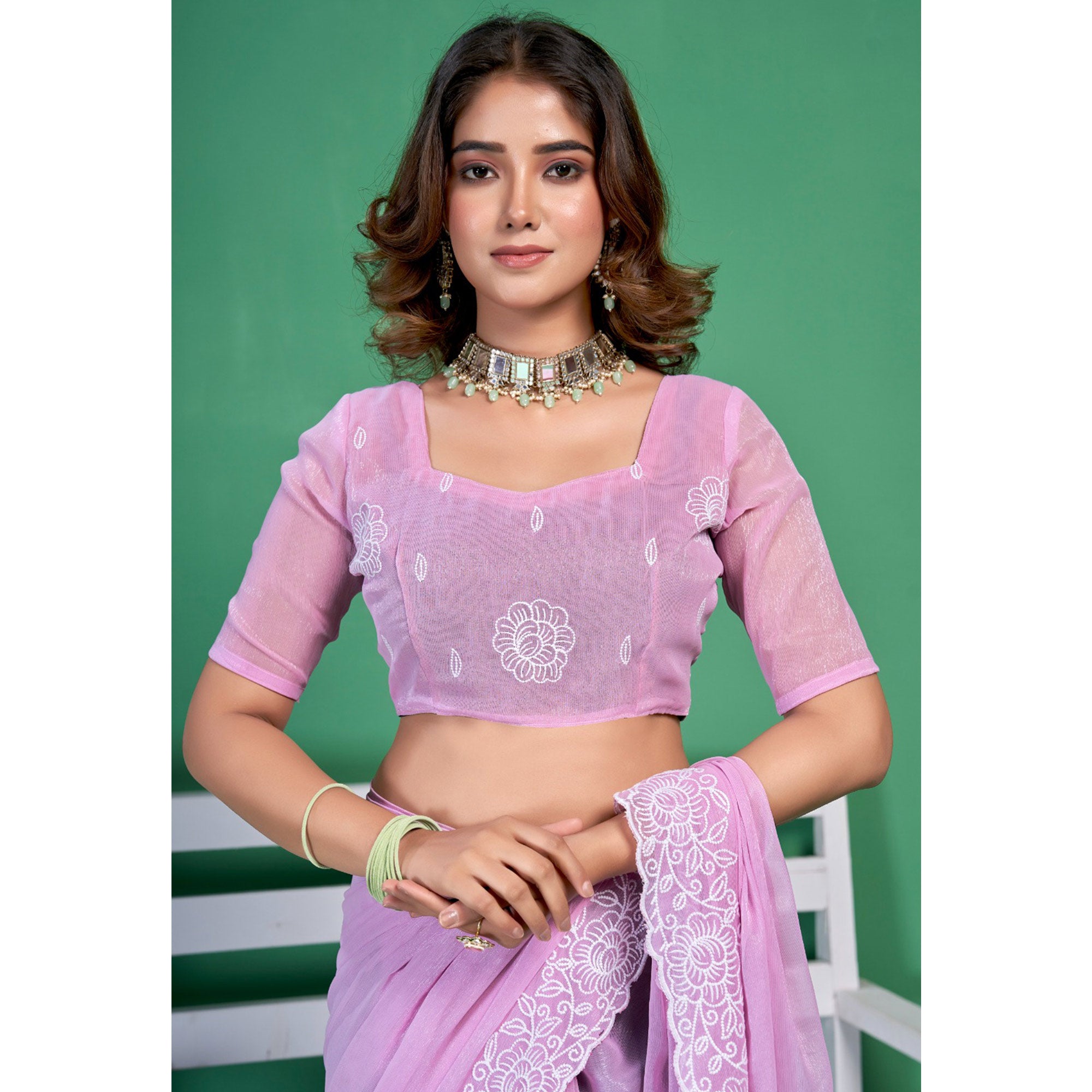 Purple Chiffon Saree With Embroidered Border