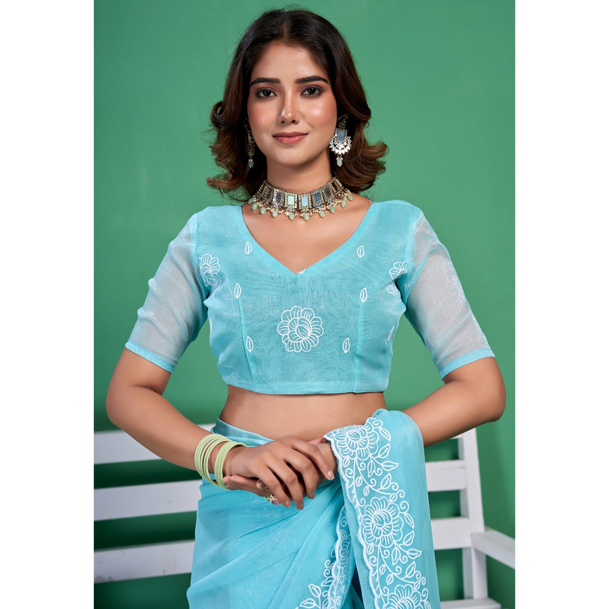 Blue Chiffon Saree With Embroidered Border