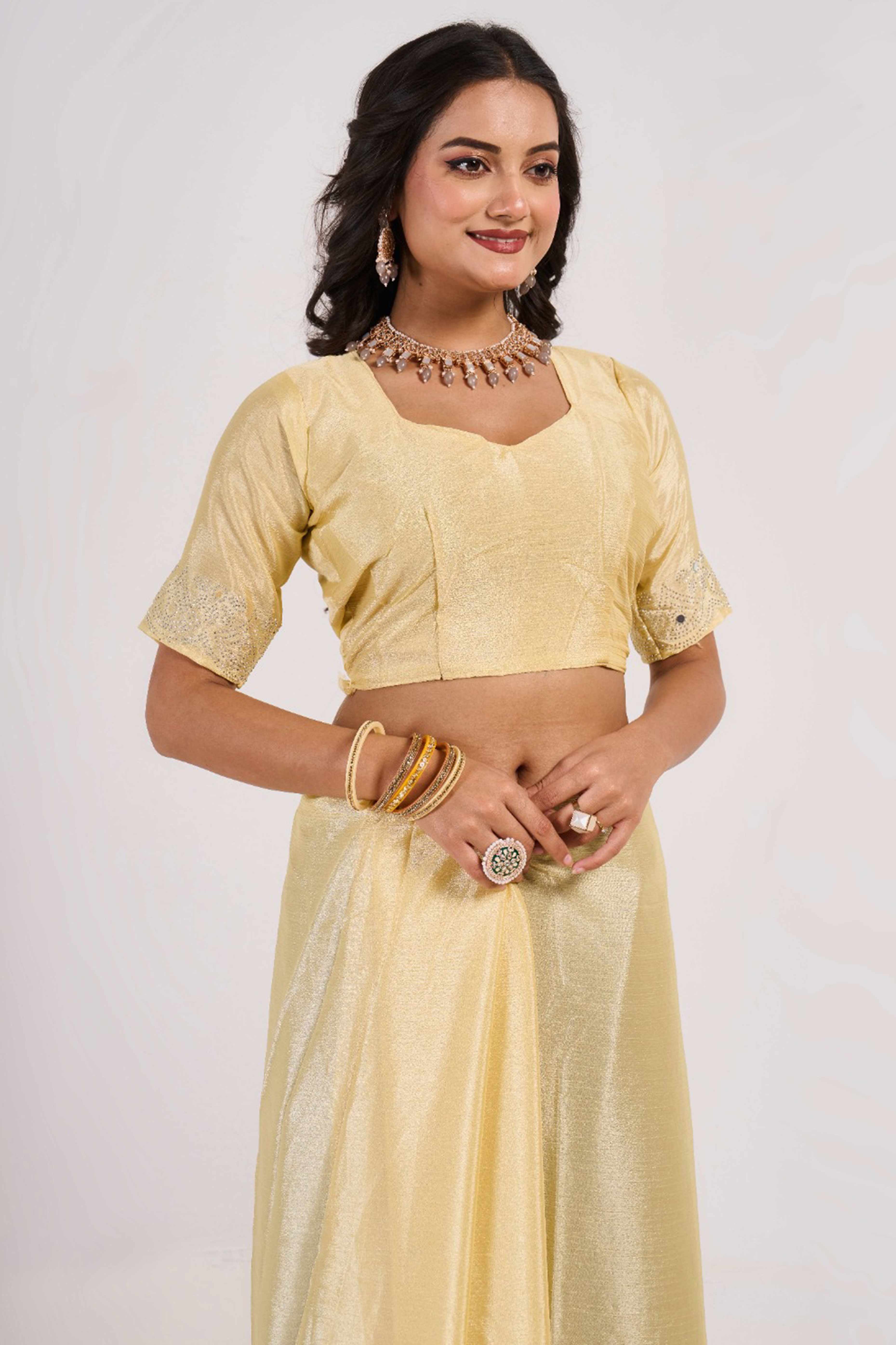 Light Yellow Swarovski With Mirror Work Chinon Saree