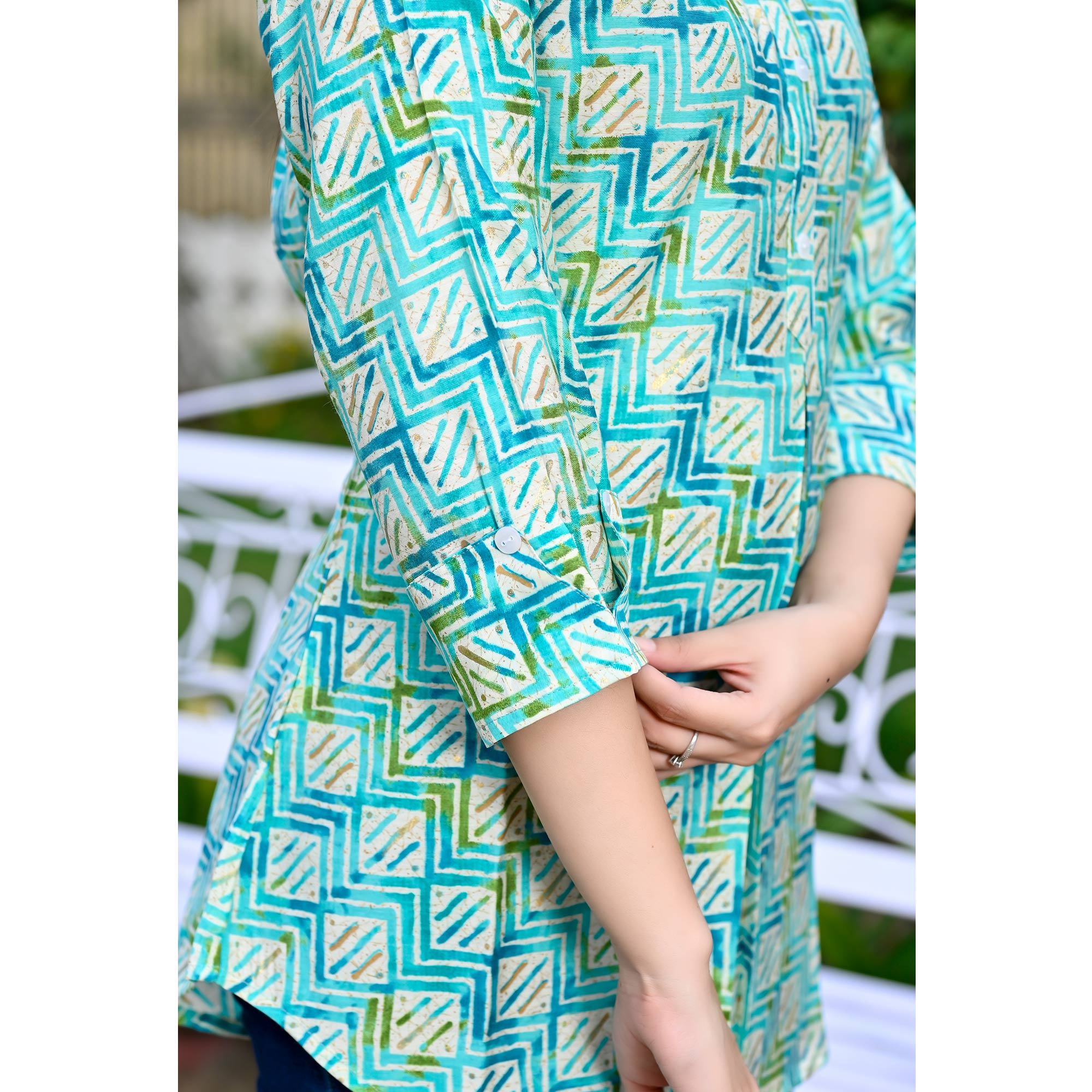 Aqua Blue Printed Chanderi Top