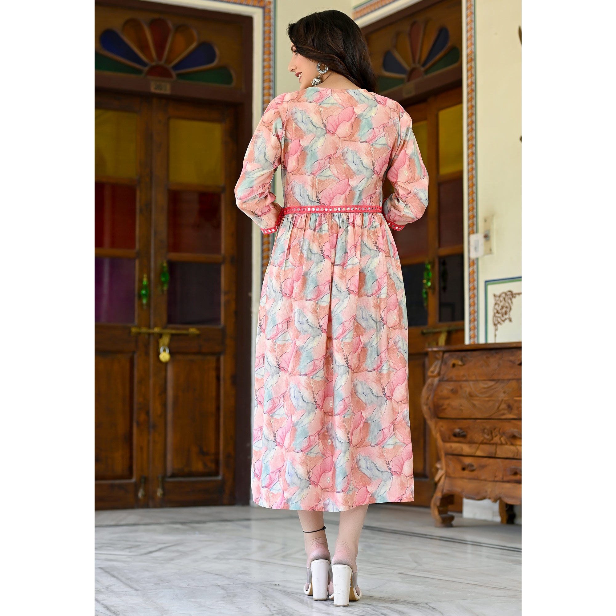 Pink Printed Chanderi Alia Cut Kurti