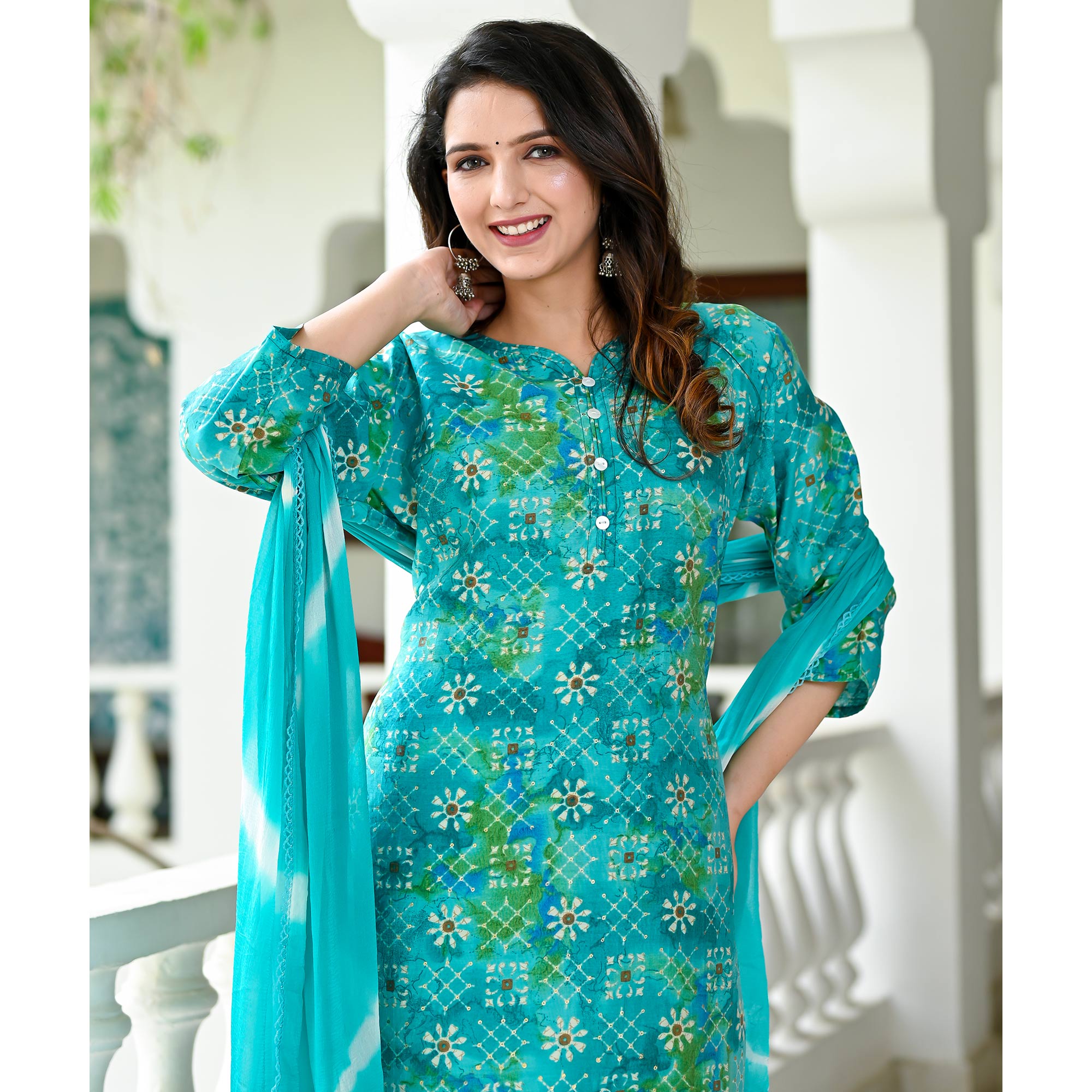 Turquoise Floral Printed Chanderi Suit