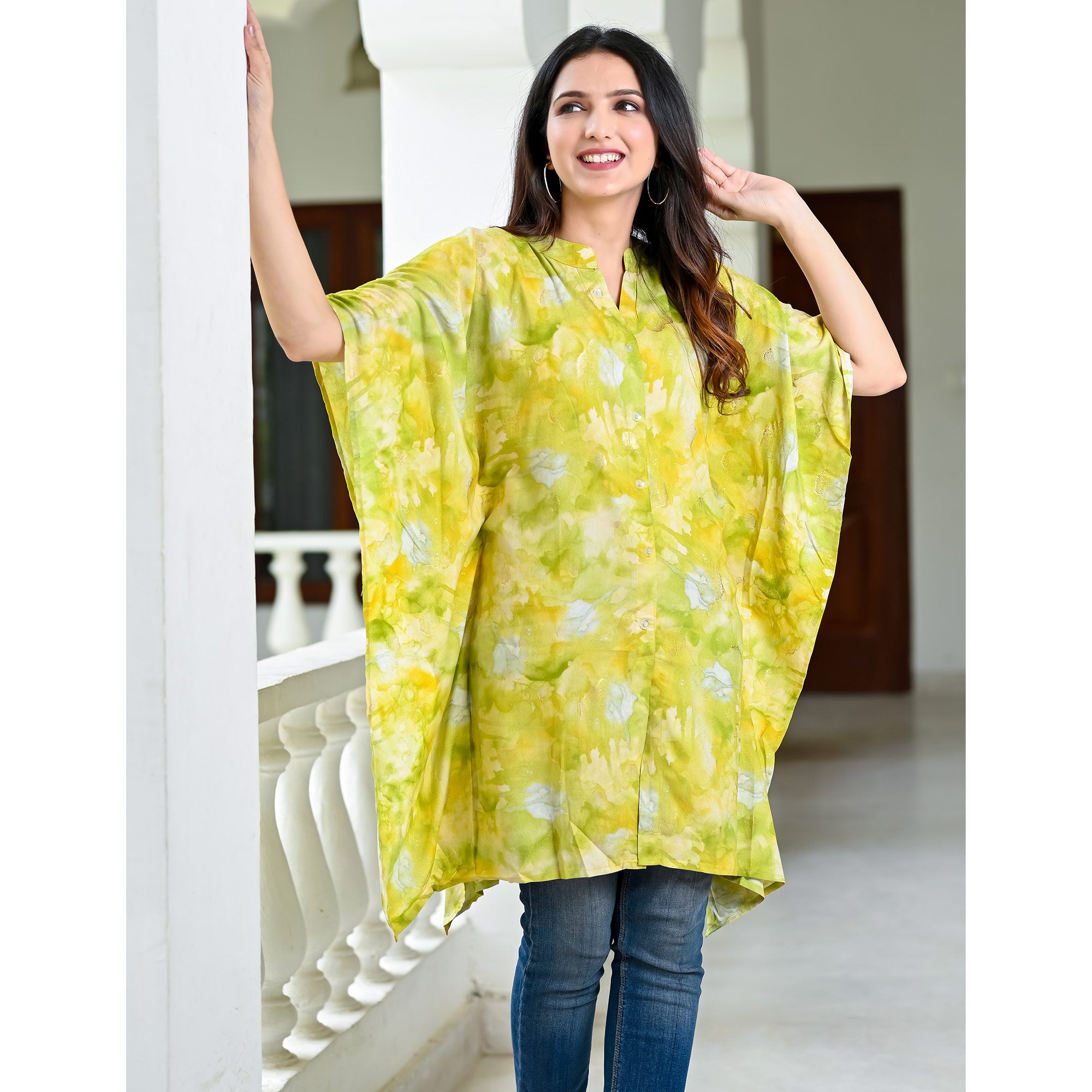Green Foil Printed Rayon Kaftan