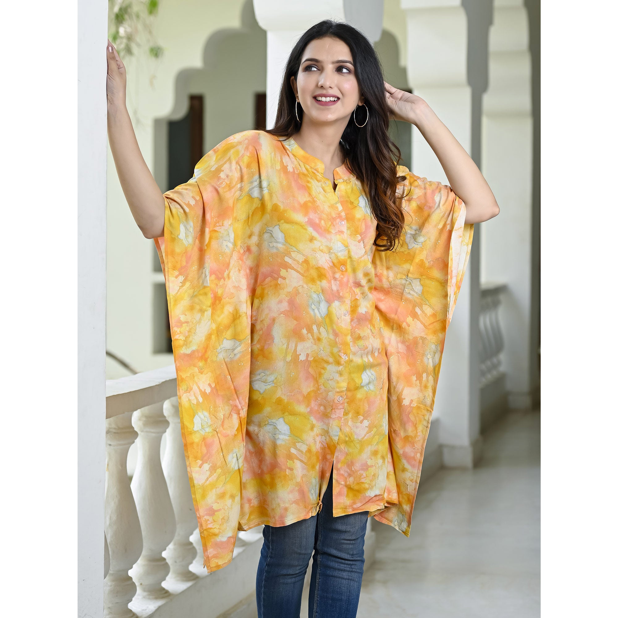 Yellow Foil Printed Rayon Kaftan