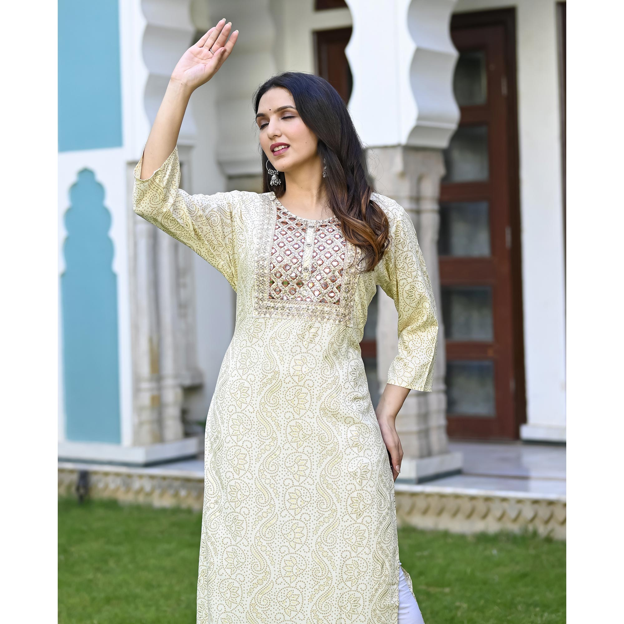 Offwhite Floral Foil Printed Rayon Kurti