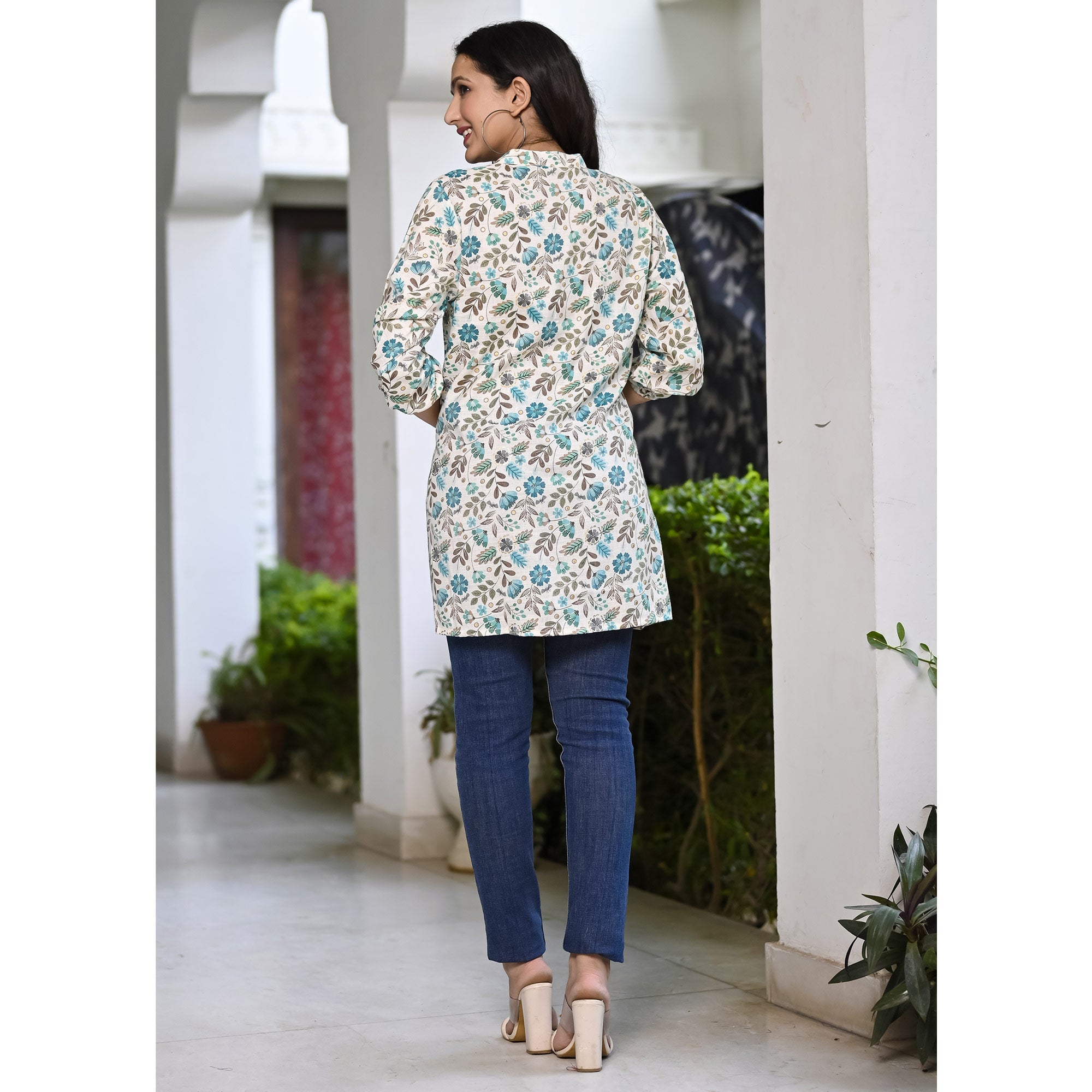 Aqua Blue Floral Printed Rayon Top