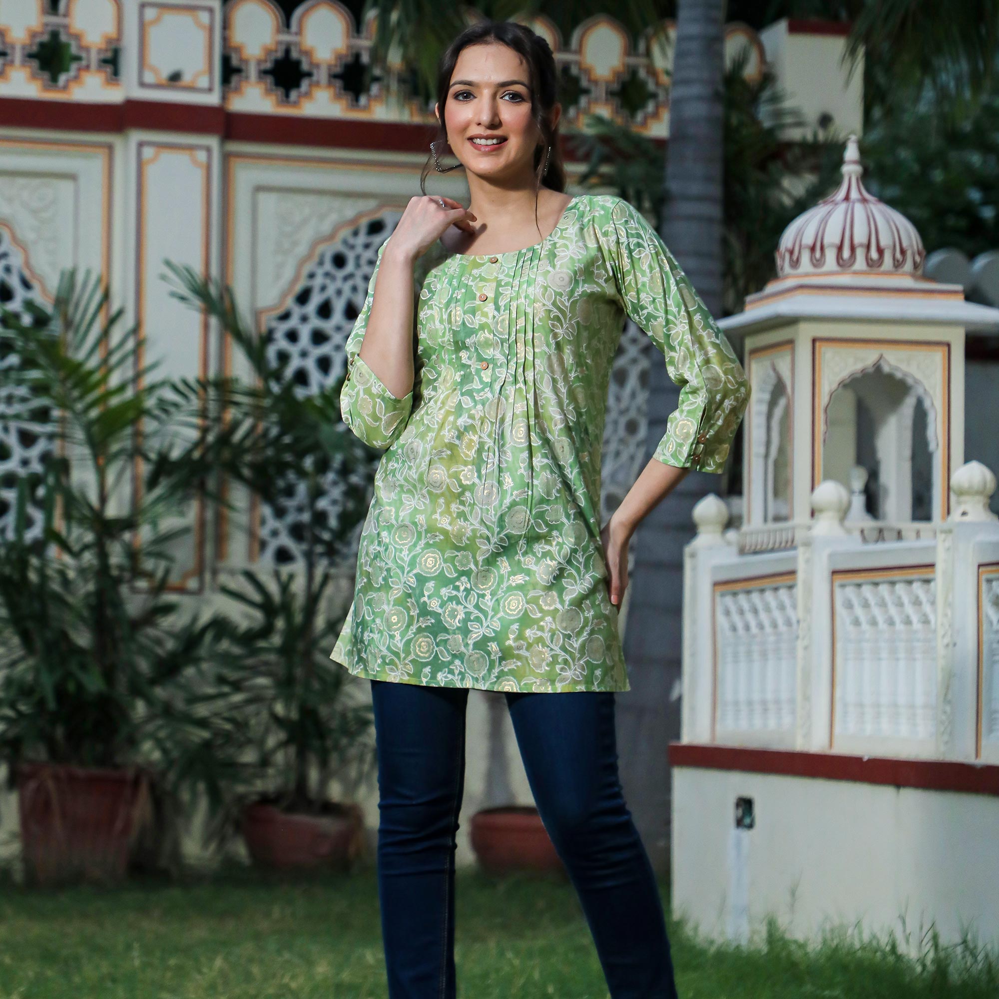 Green Floral Foil Printed Modal Top