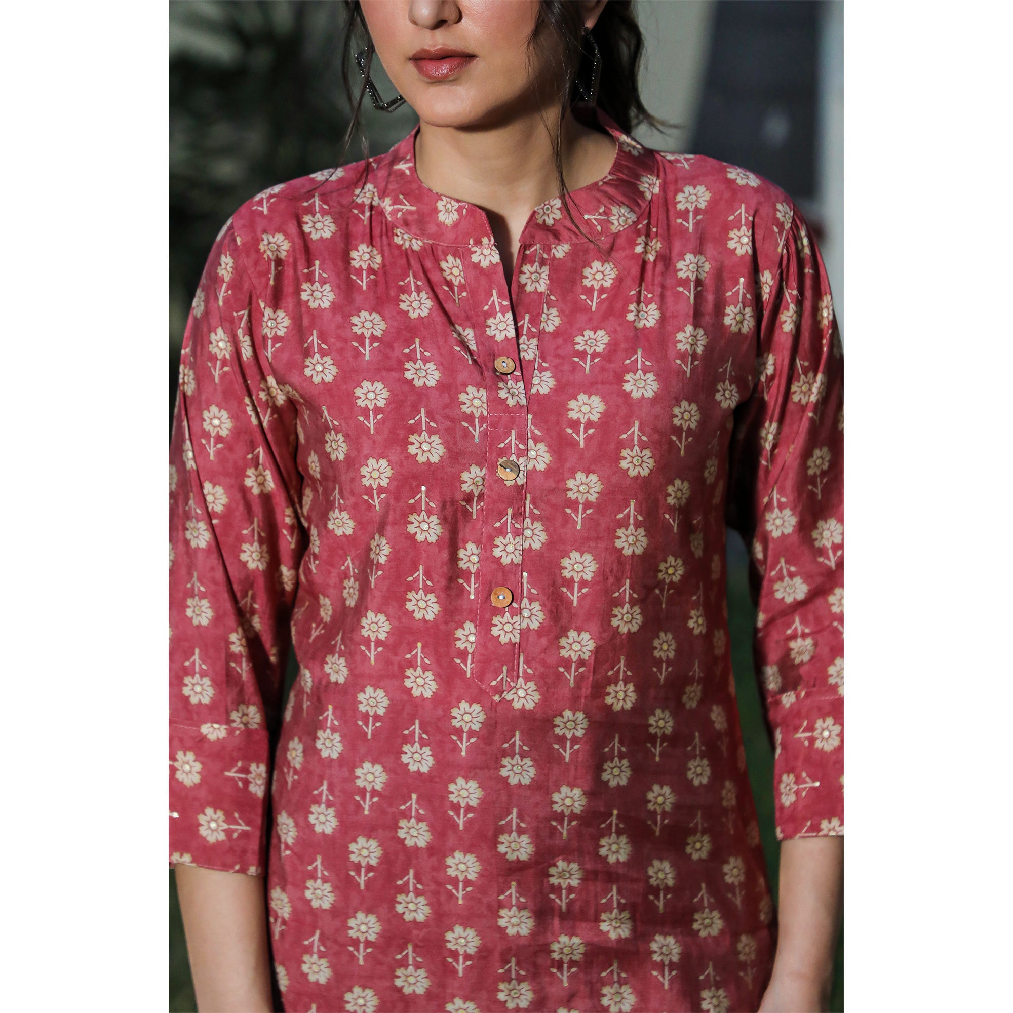 Pink Floral Foil Printed Chanderi Top