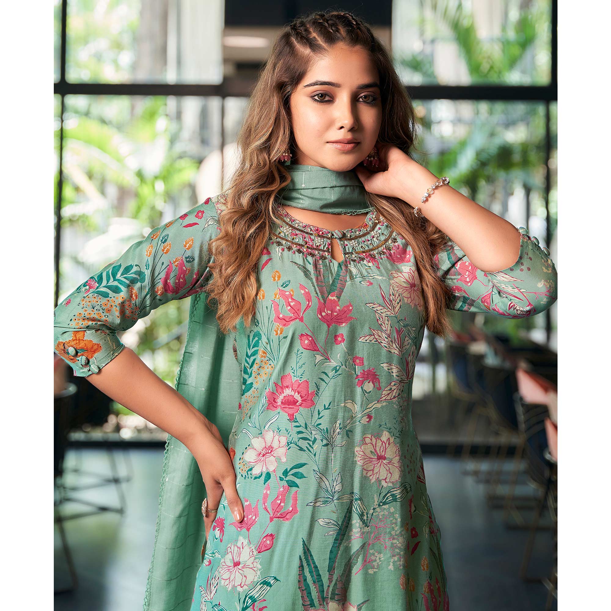 Turquoise Straight Chanderi Silk Suit With Handcrafted & Foil Print