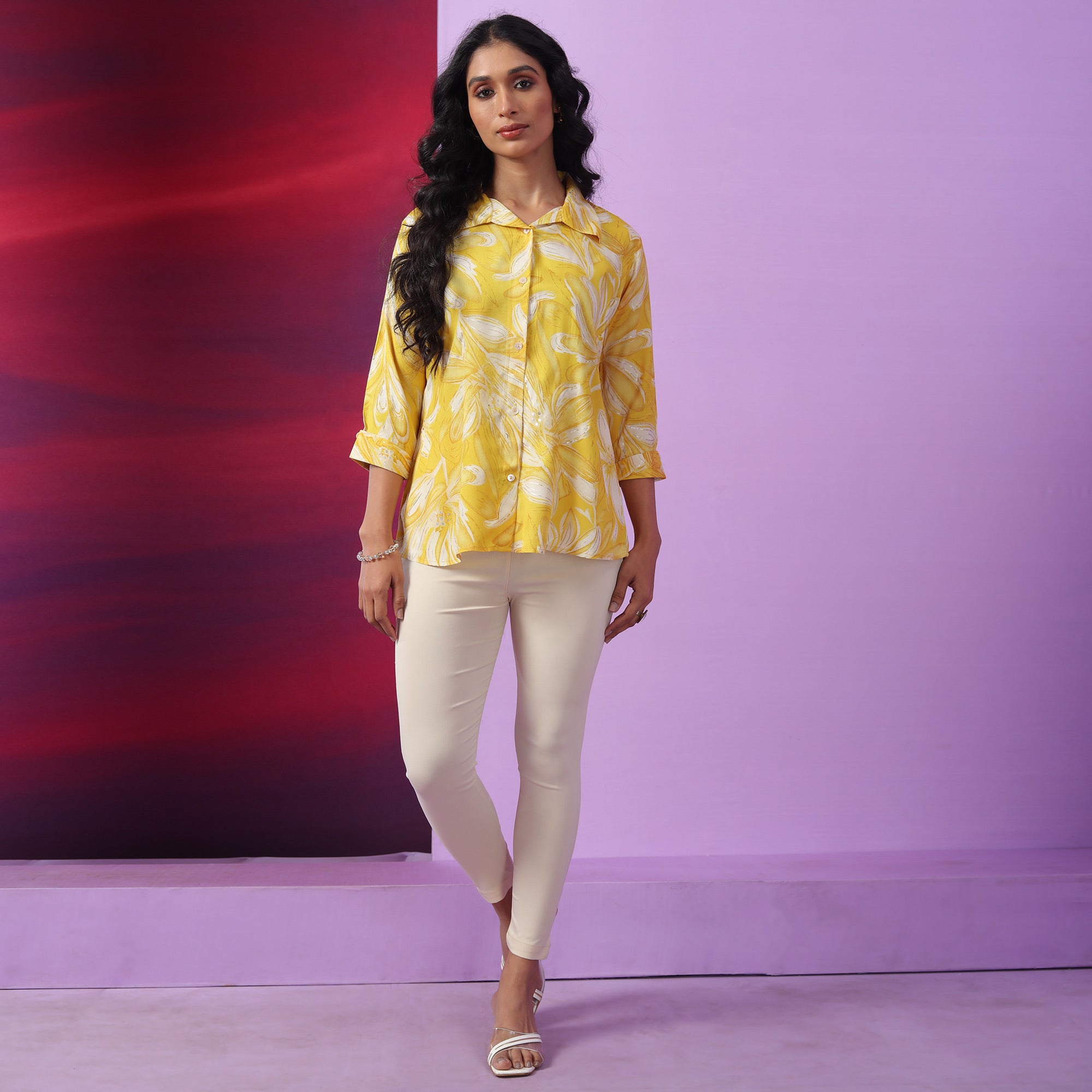 Yellow & White Floral Foil Printed Muslin Top