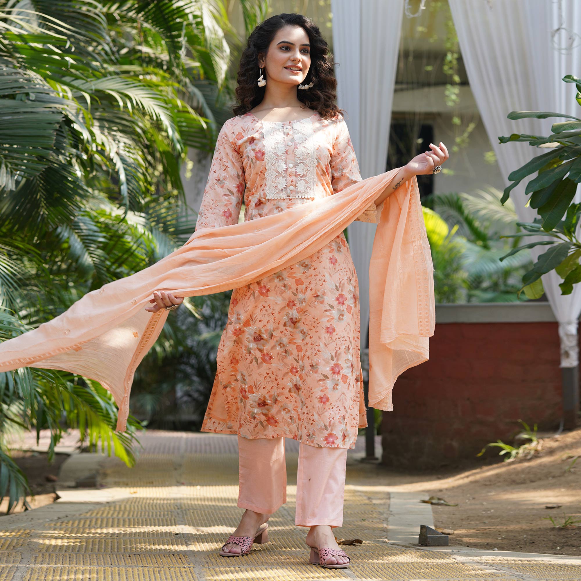 Peach Straight Pure Cotton Suit With Foil Print & Yoke Embroidery