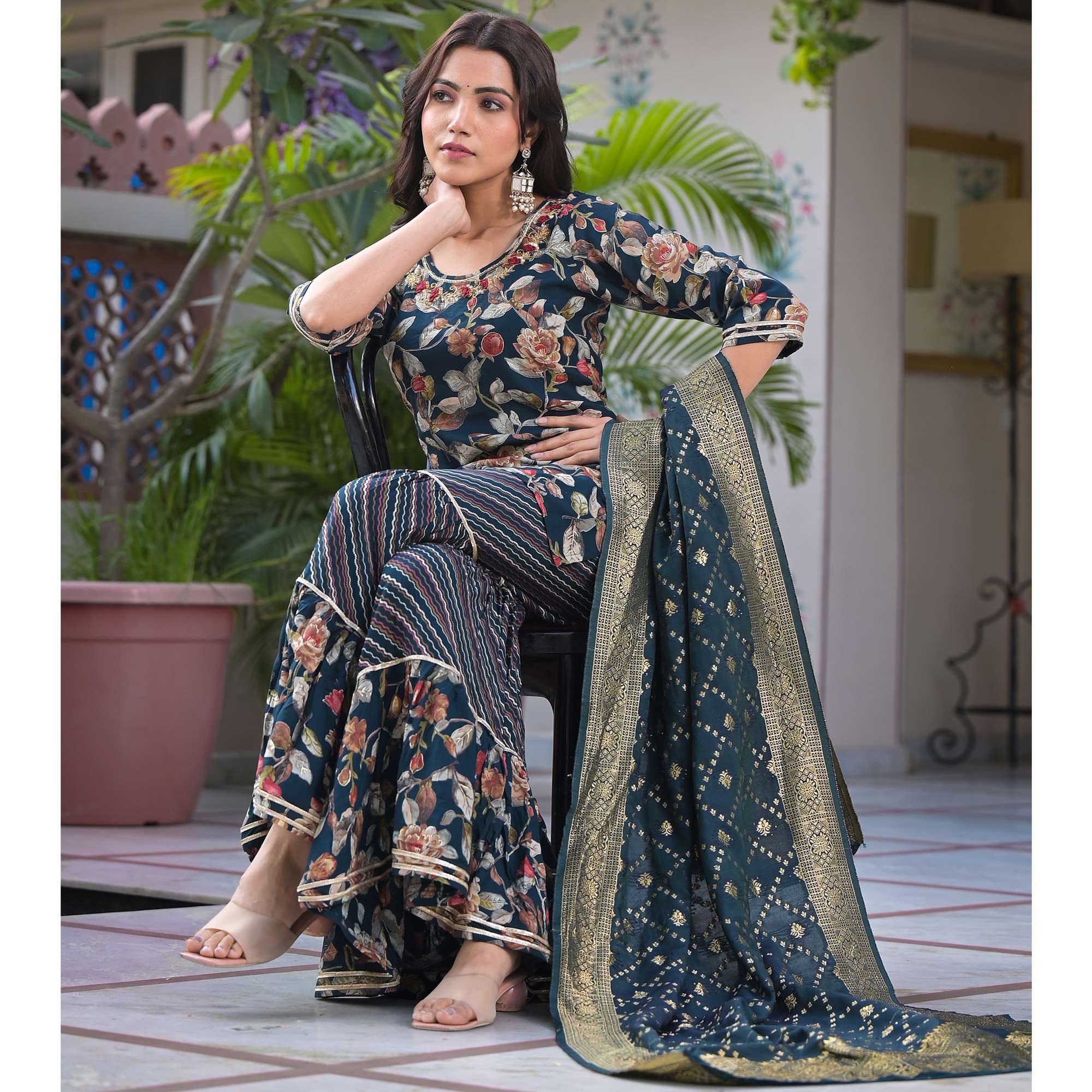 Green Floral Foil Printed Rayon Sharara Suit With Handcrafted