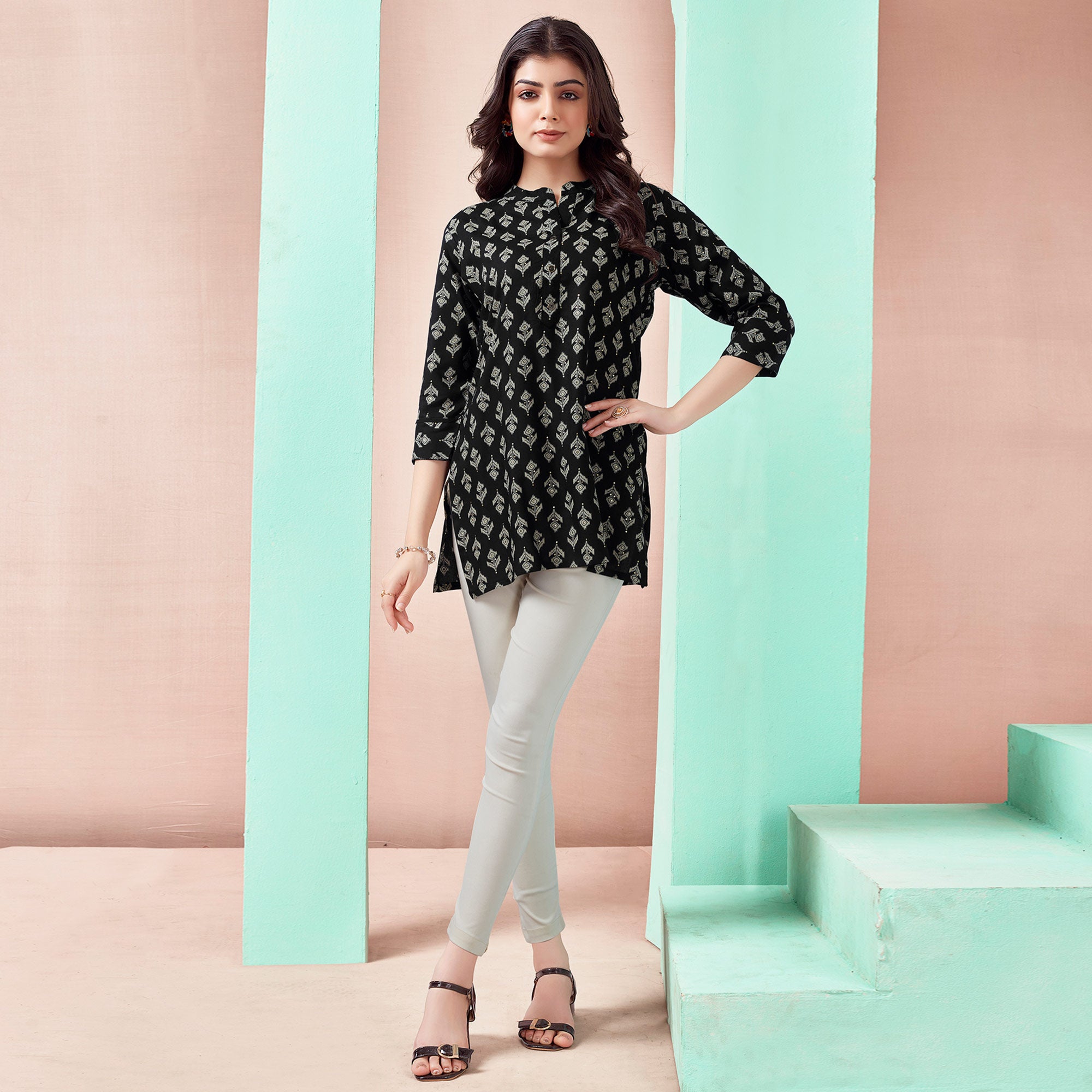 Black Floral Printed Rayon Straight Top