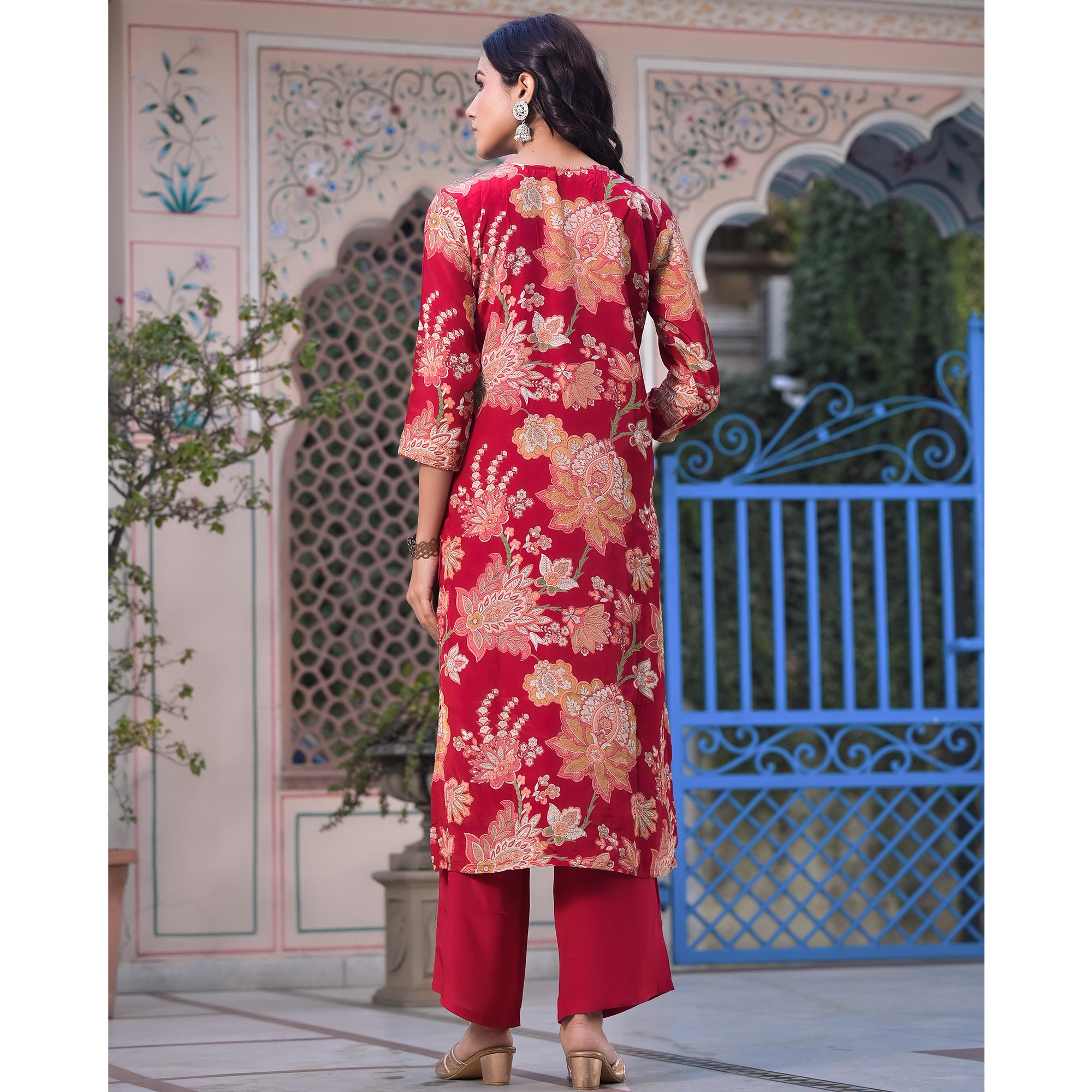 Red Floral Printed Beads Embroidered Crepe Salwar Suit