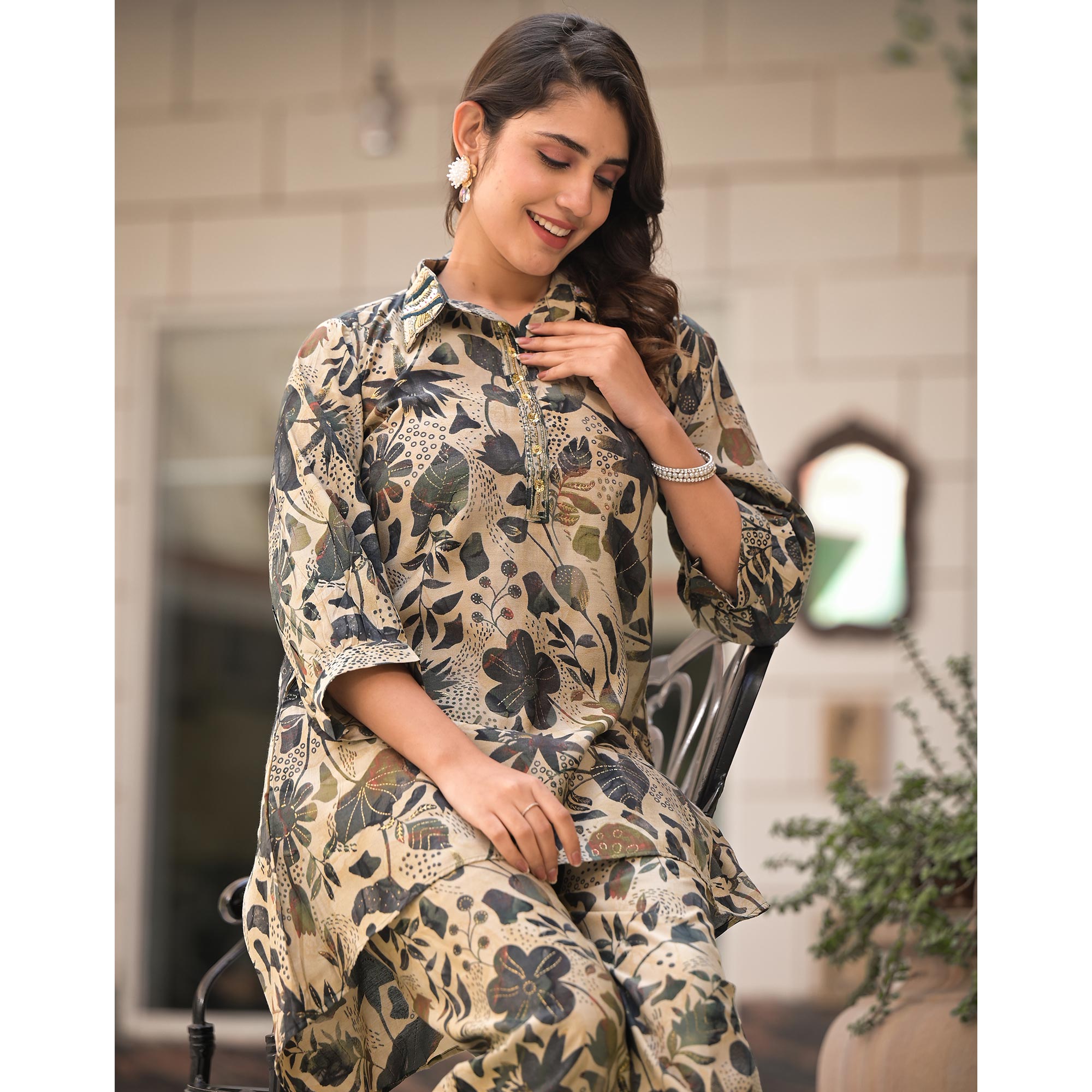 Green Floral Foil Print Beads Embroidered Chanderi Silk Co Ord Set