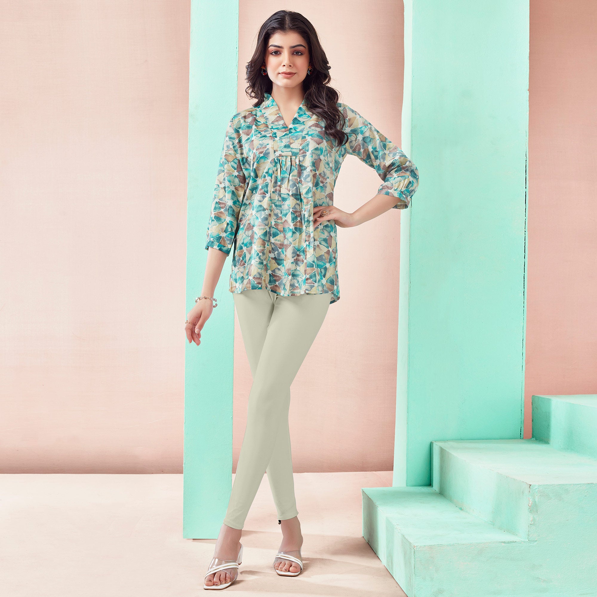 Turquoise Foil Printed Rayon A-Line Top