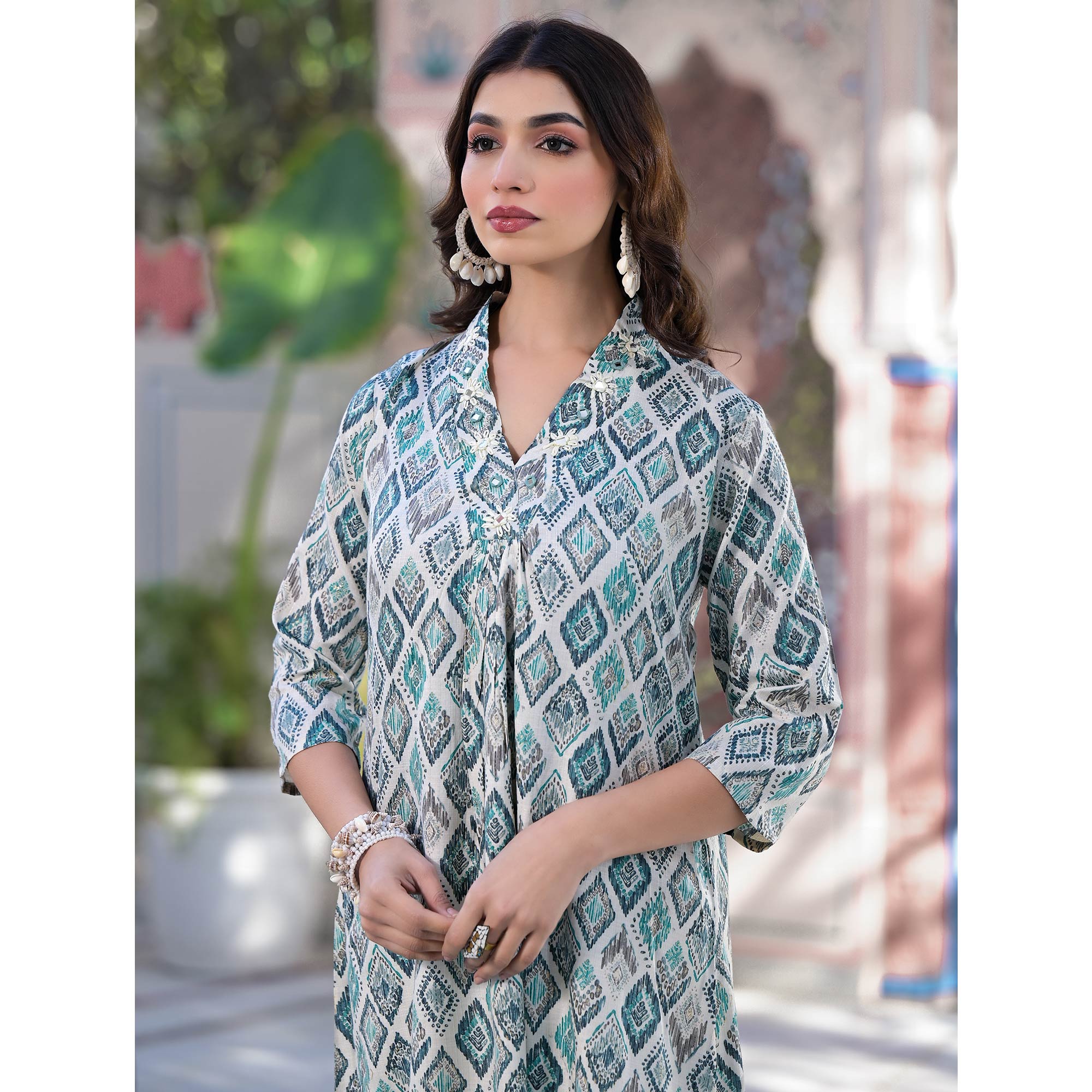 Blue Foil Printed Pure Cotton A-Line Kurti Dress