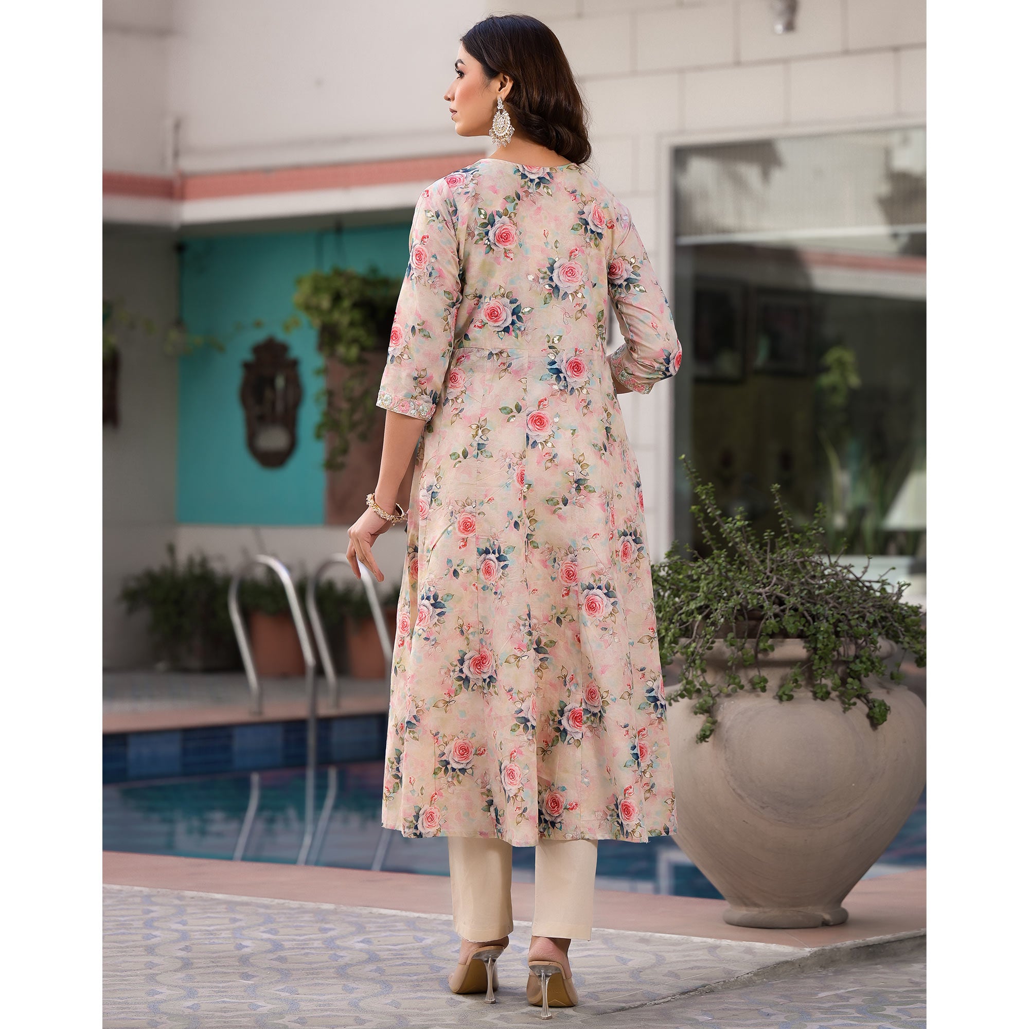 Cream Floral Printed Mulmul Cotton Anarkali Salwar Suit