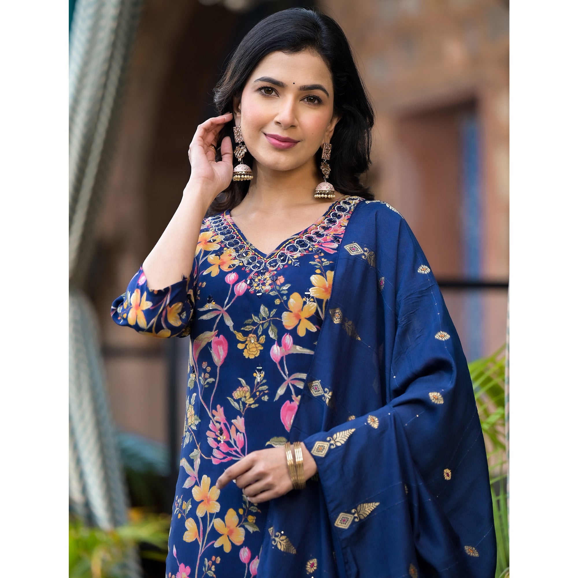 Navy Blue Floral Printed Chanderi Silk Salwar Suit With Mirror Work