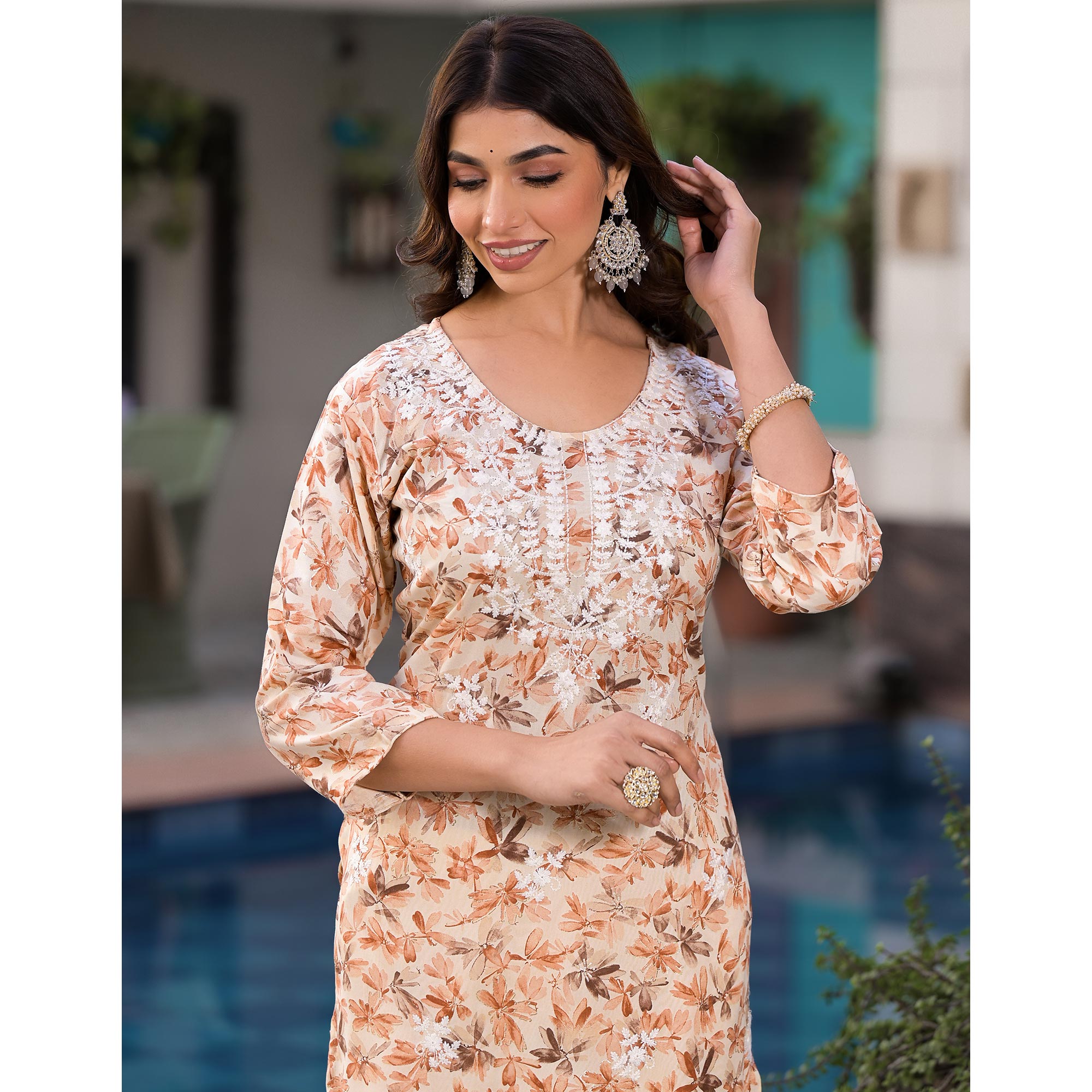 Beige Chikankari Embroidery Rayon Straight Kurti