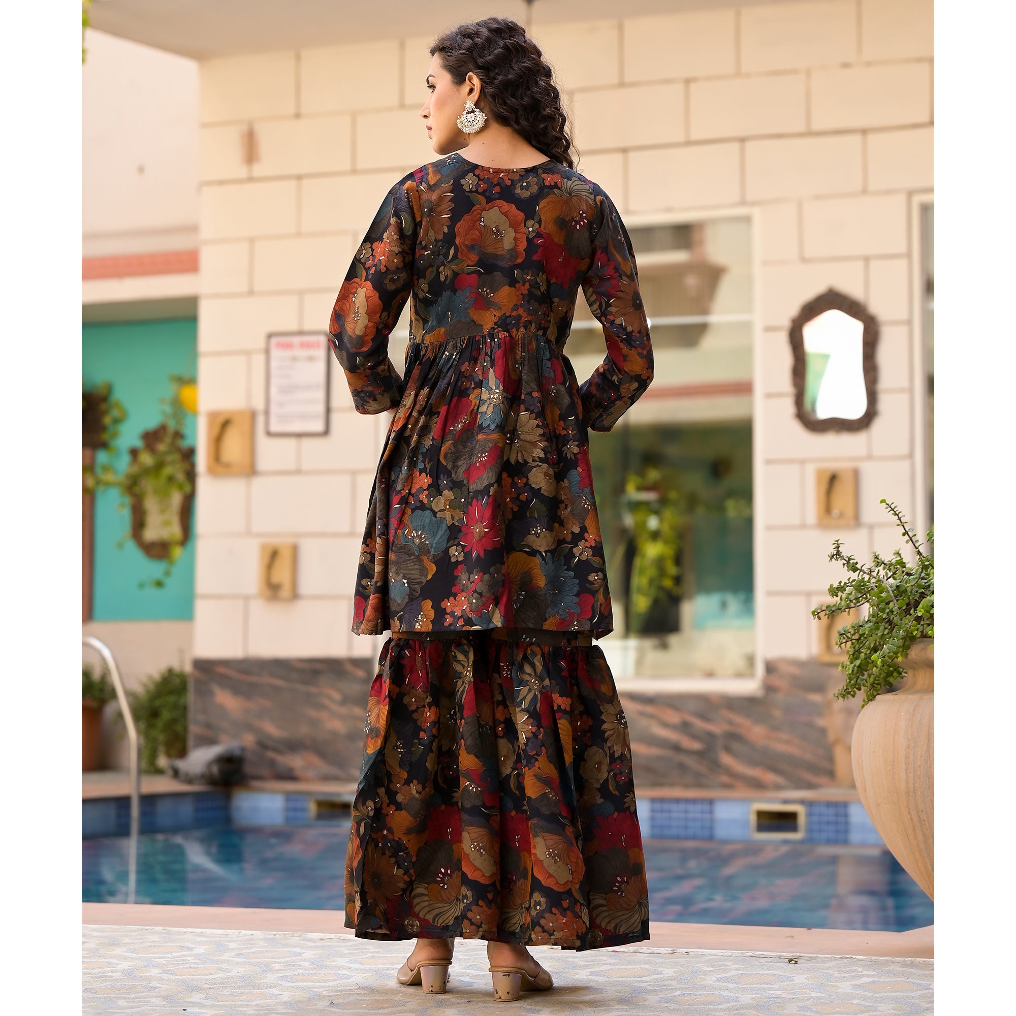 Black Floral Foil Printed Chanderi Silk Sharara Suit