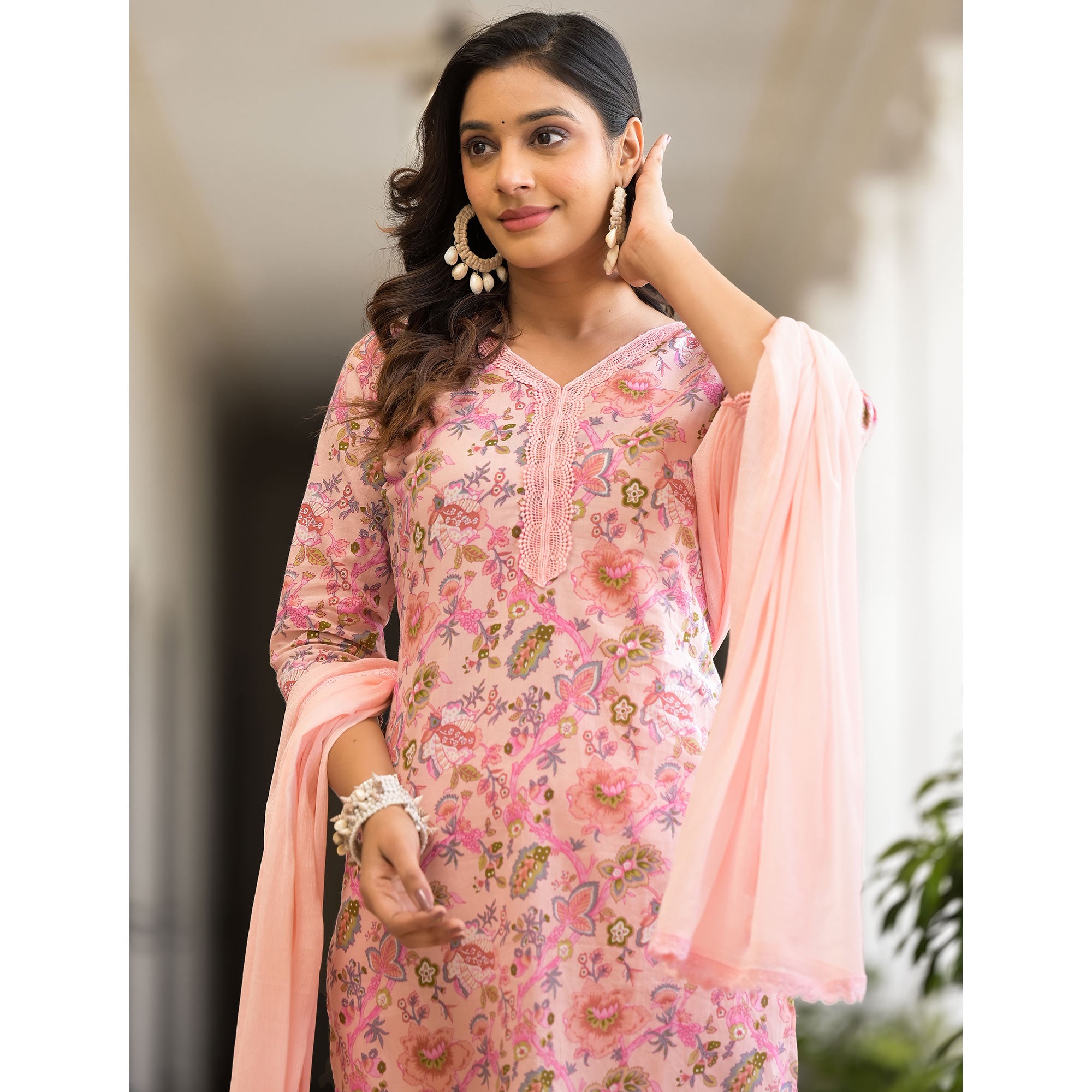 Baby Pink Floral Printed Pure Cotton Straight Salwar Suit