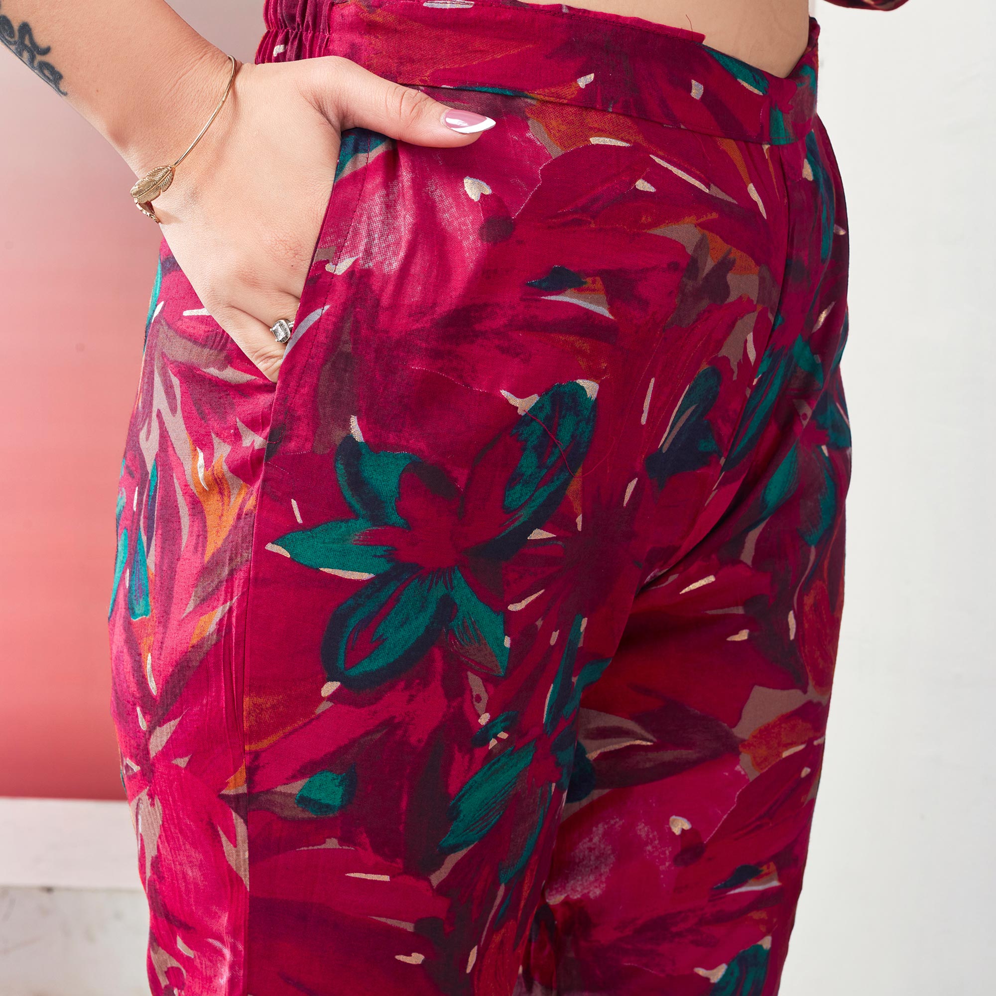 Pink Floral Printed Chanderi Silk Co Ord Set