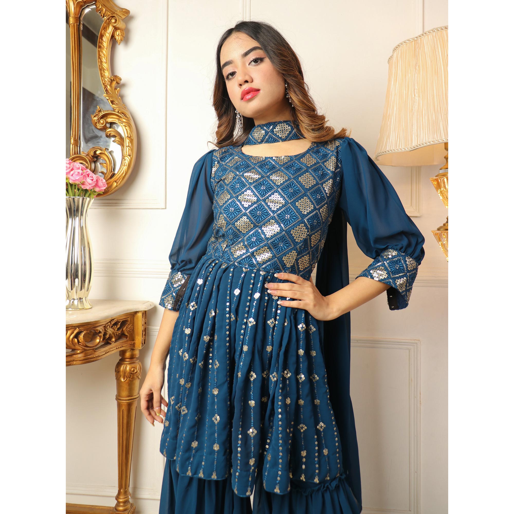 Blue Sequins Embroidered Georgette Sharara Suit