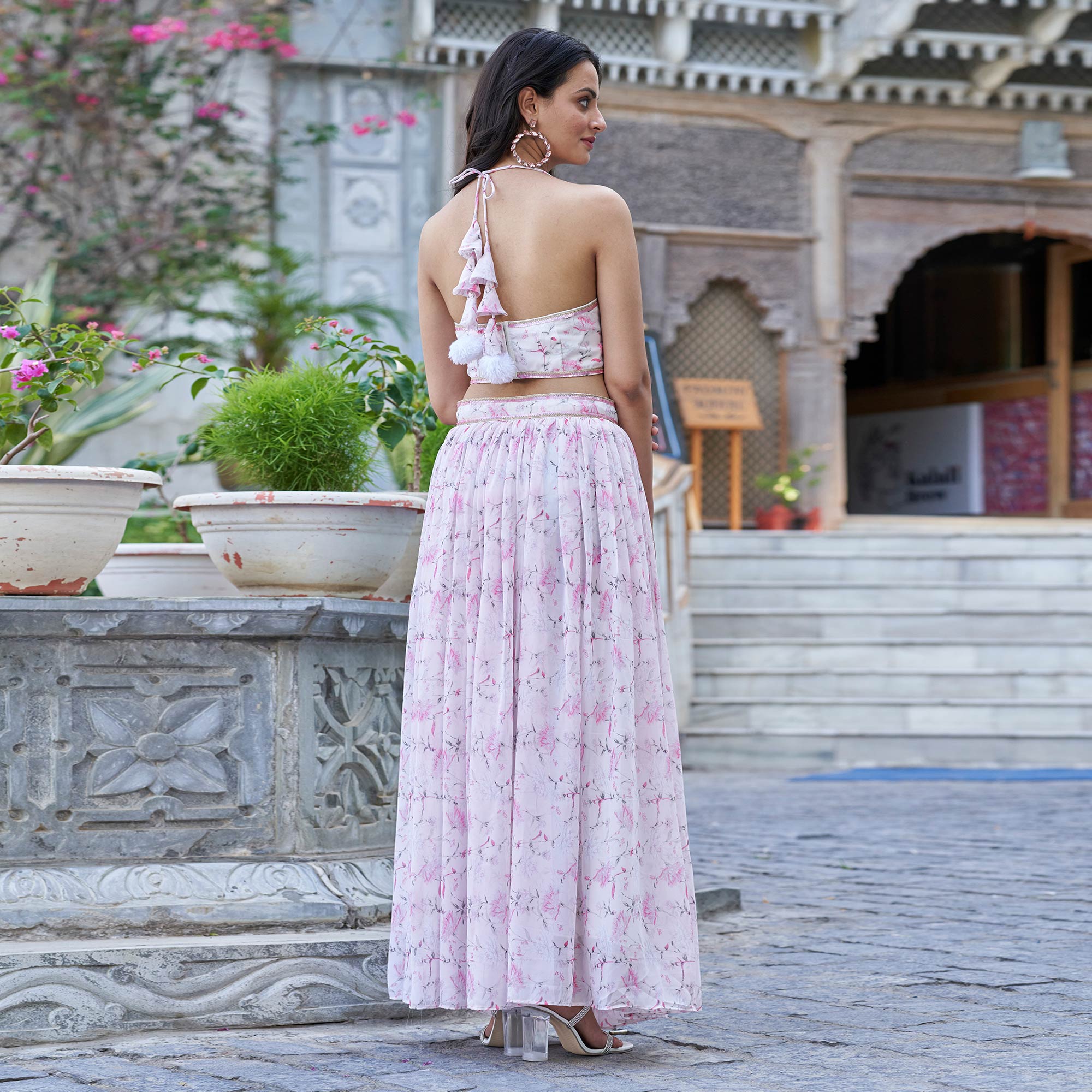 Pink & White Floral Printed Georgette Crop Top Lehenga