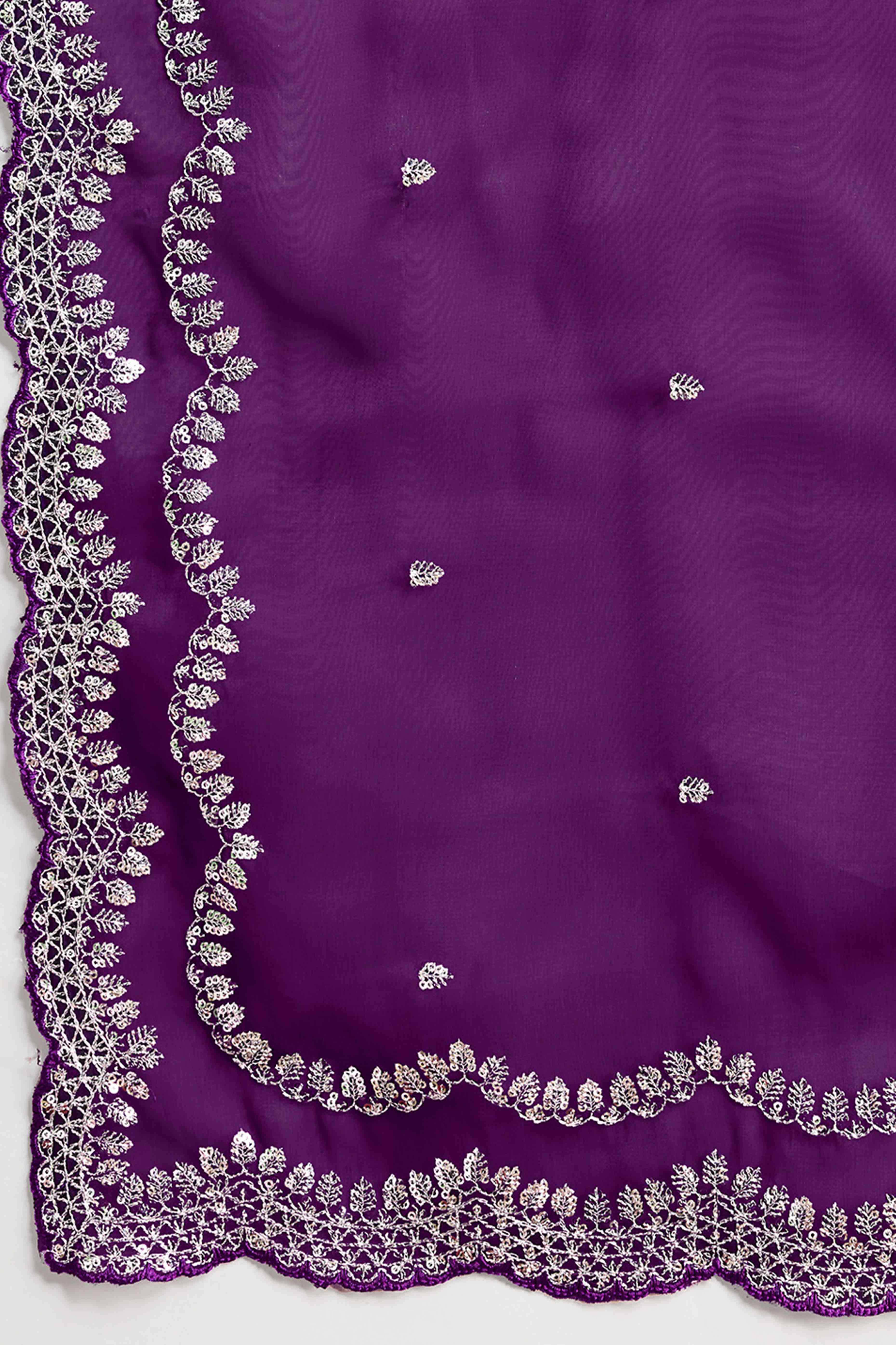 Dark Purple Embroidered Saree in Organza with Sequins Accents